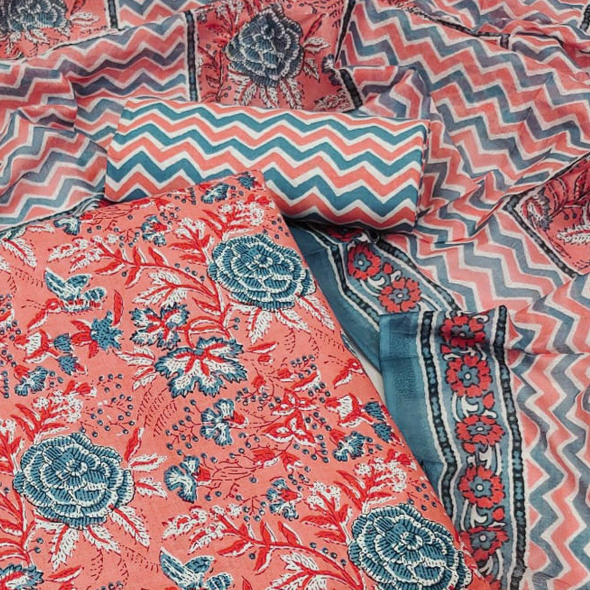 Peach Floral Printed Pure Cotton Dress Material - Peachmode