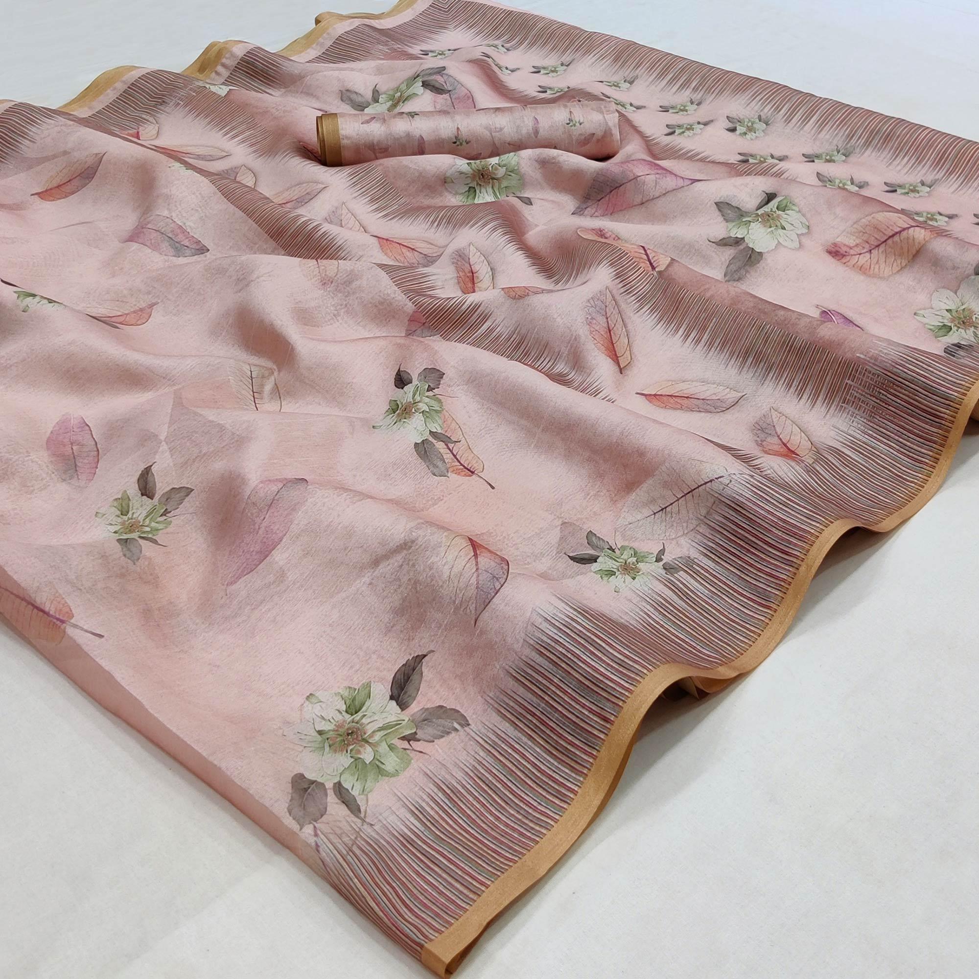 Peach Floral Printed Pure Cotton Saree - Peachmode