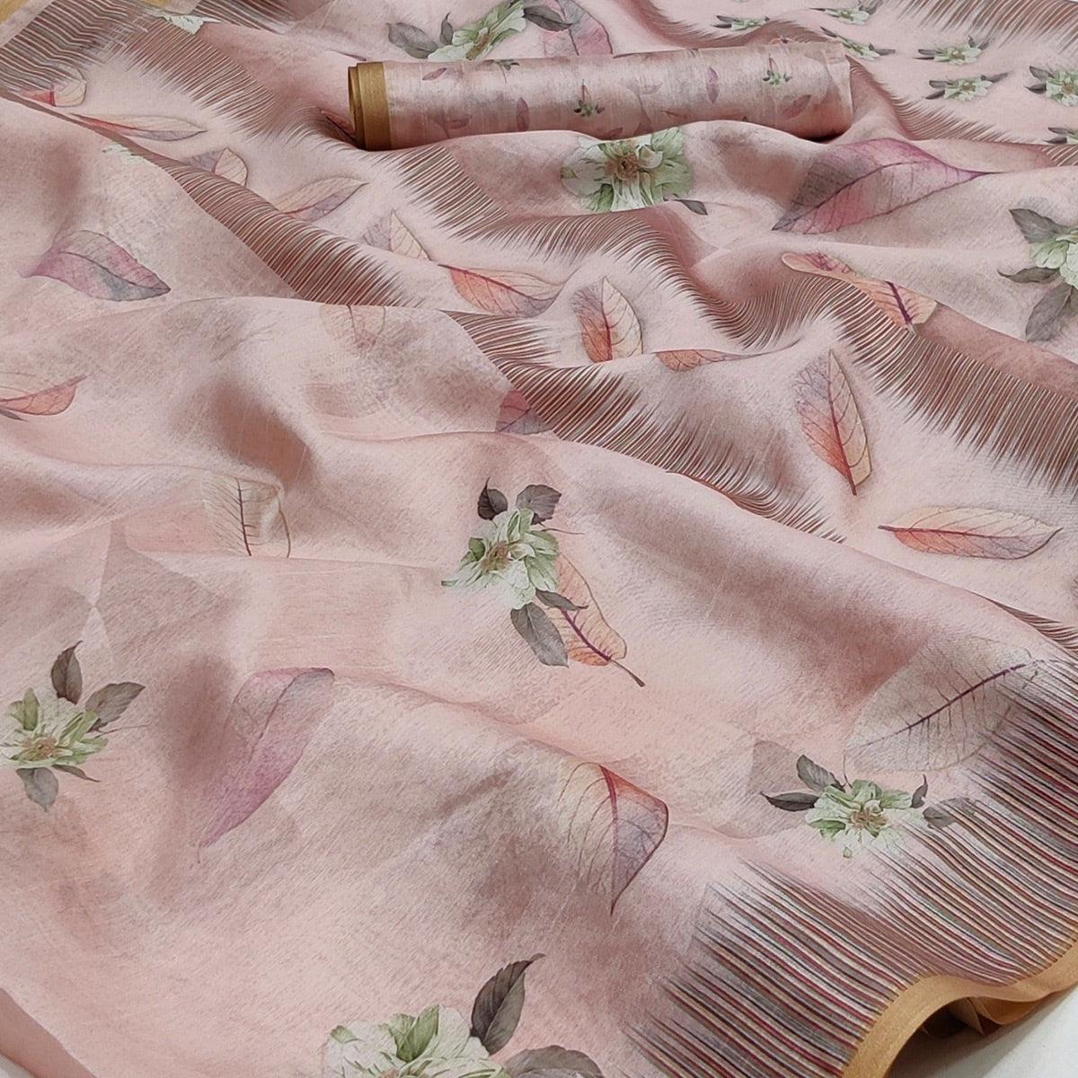 Peach Floral Printed Pure Cotton Saree - Peachmode