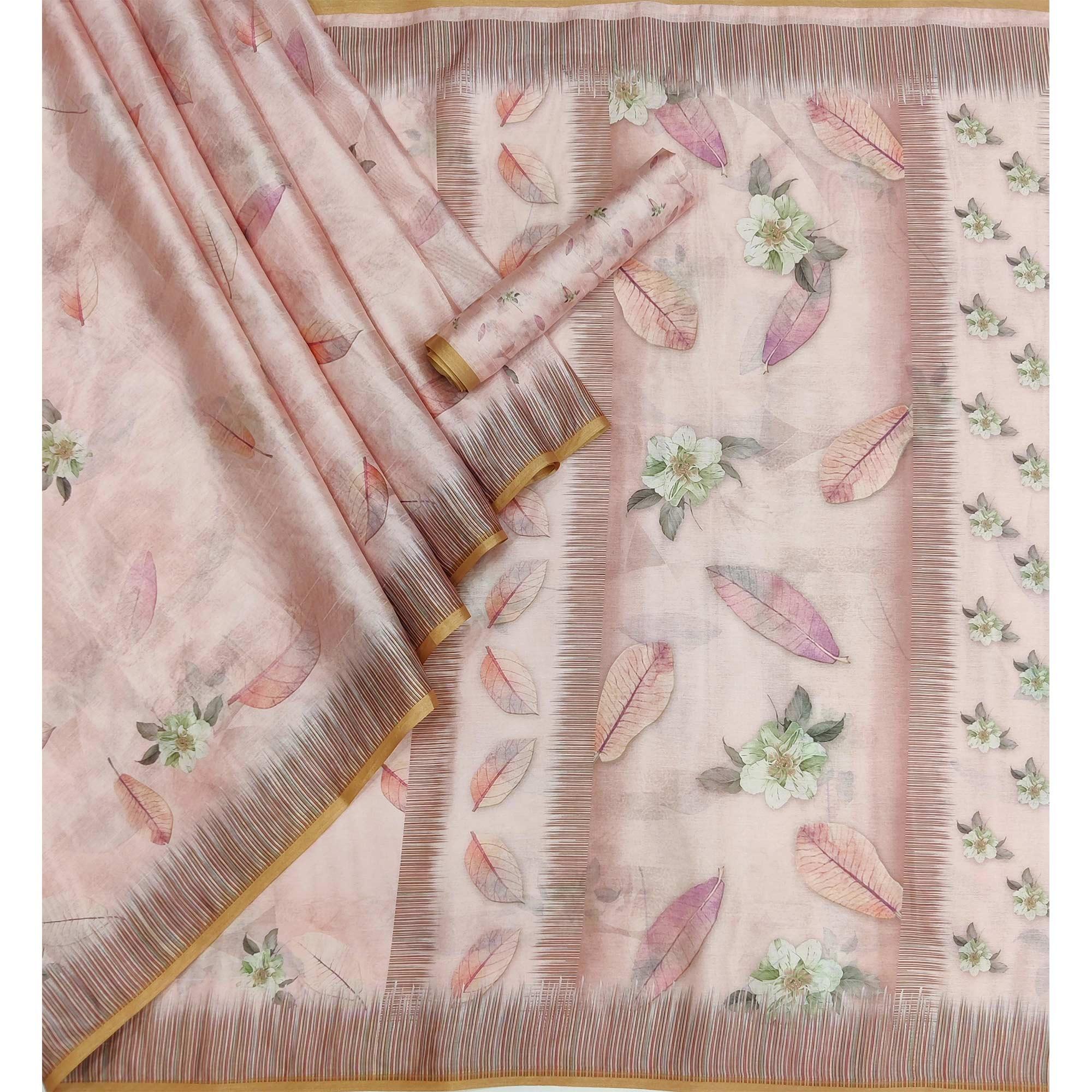 Peach Floral Printed Pure Cotton Saree - Peachmode