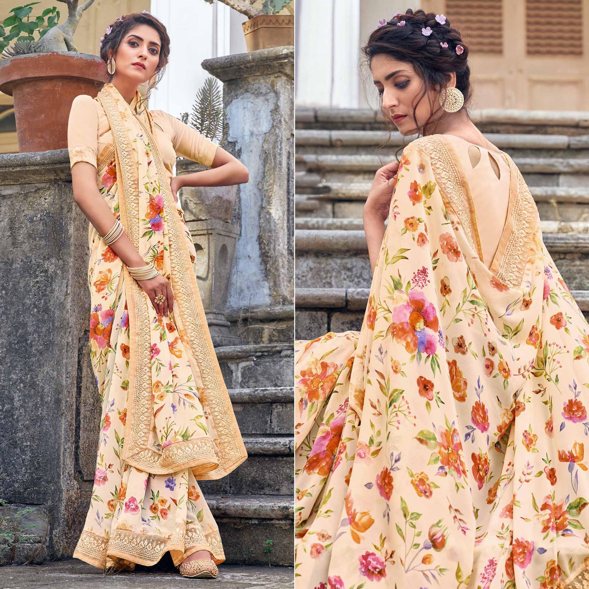 Peach Floral Printed With Embroidered Border Georgette Saree - Peachmode