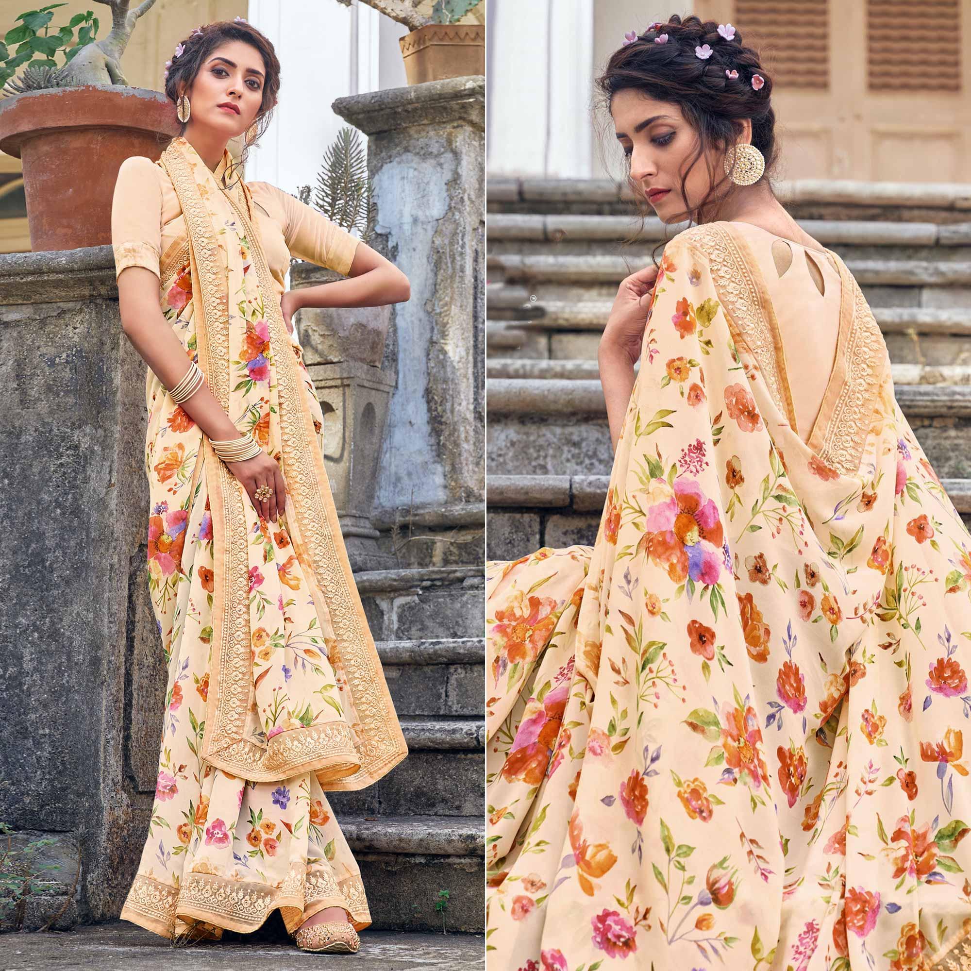 Peach Floral Printed With Embroidered Border Georgette Saree - Peachmode