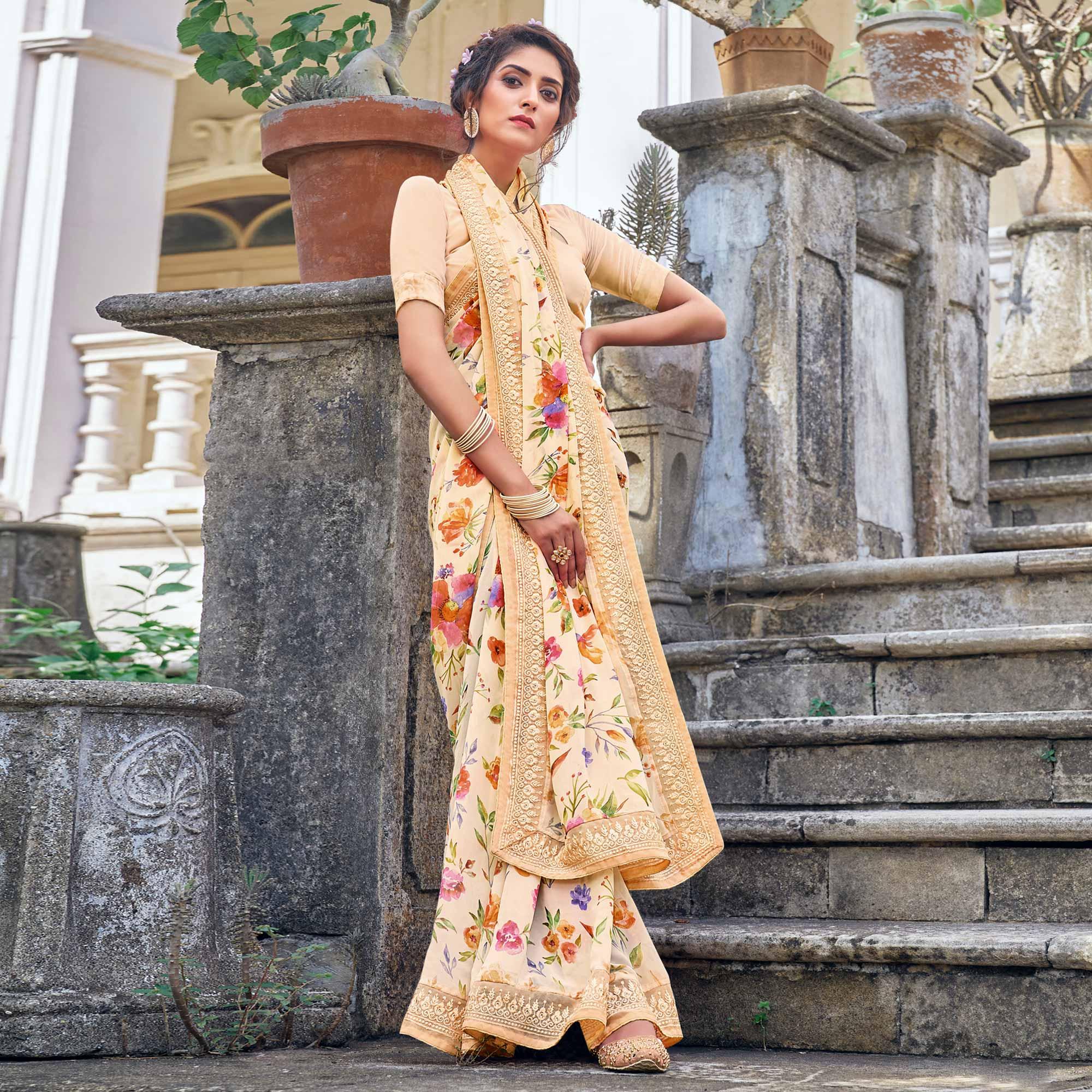 Peach Floral Printed With Embroidered Border Georgette Saree - Peachmode