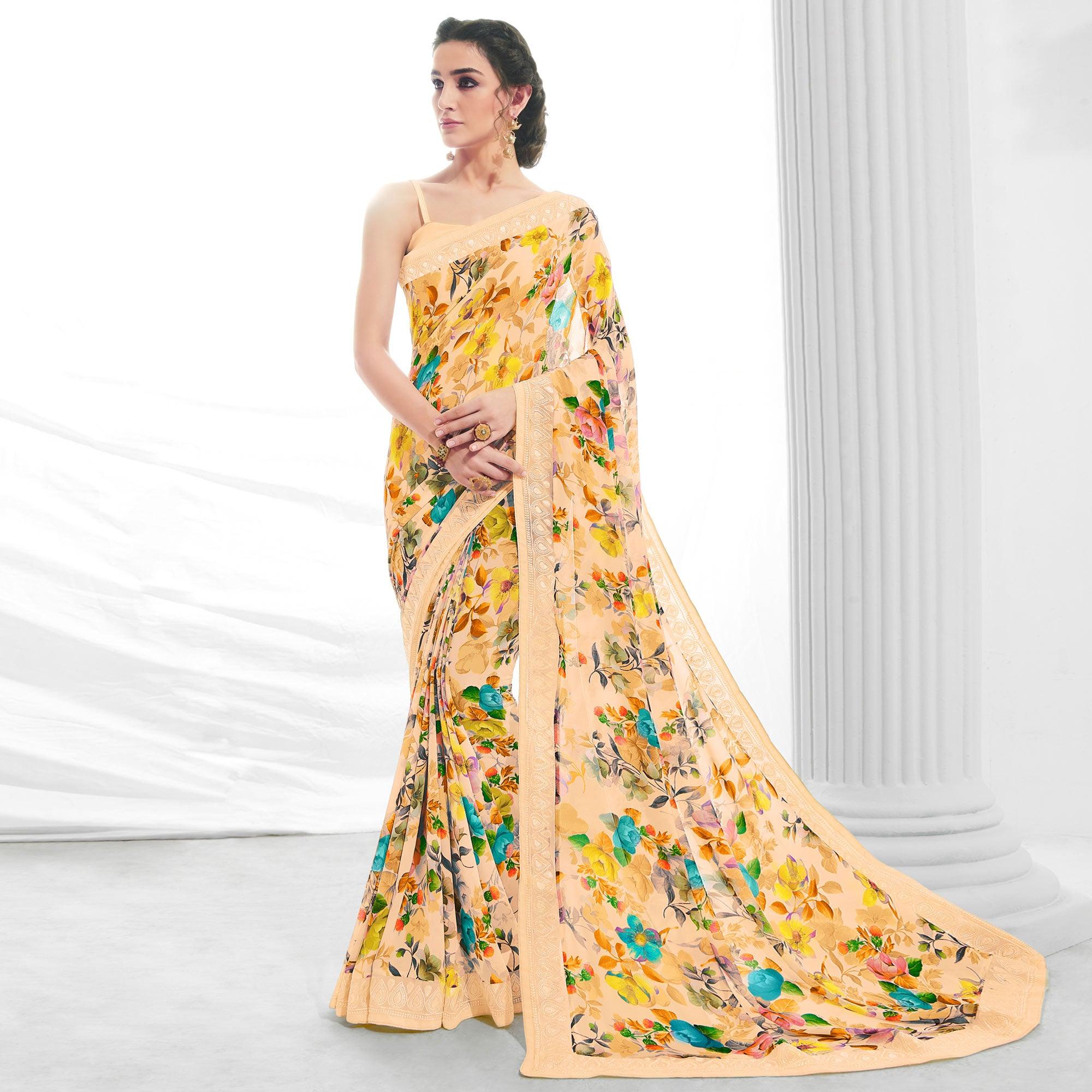 Peach Floral Printed With Embroidered Border Georgette Saree - Peachmode