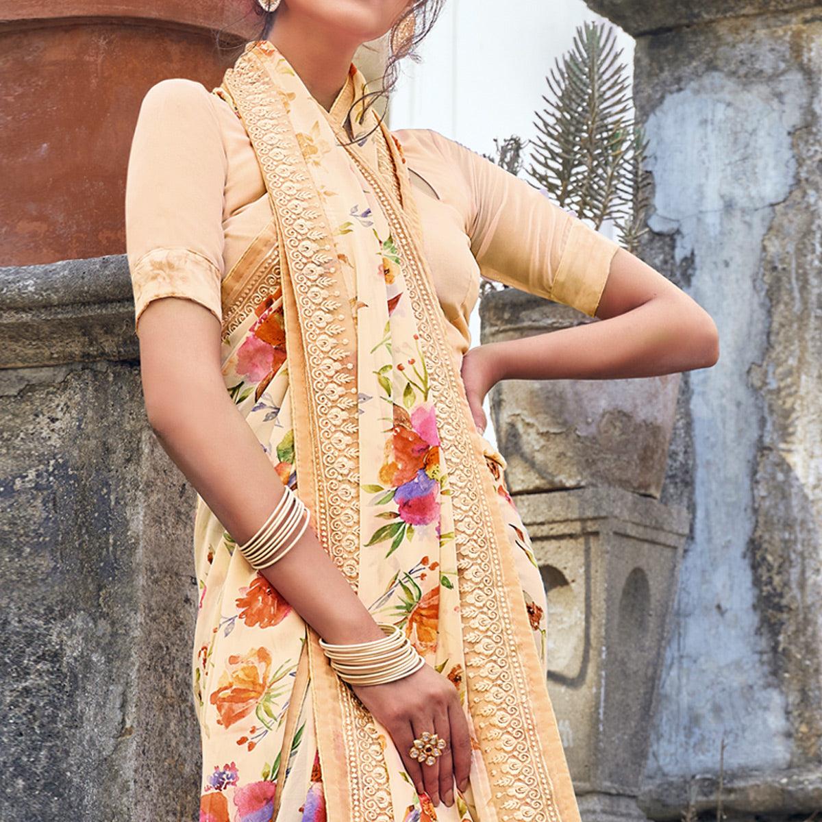 Peach Floral Printed With Embroidered Border Georgette Saree - Peachmode