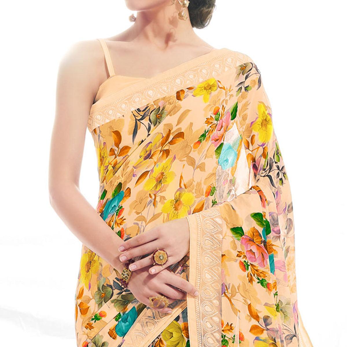 Peach Floral Printed With Embroidered Border Georgette Saree - Peachmode