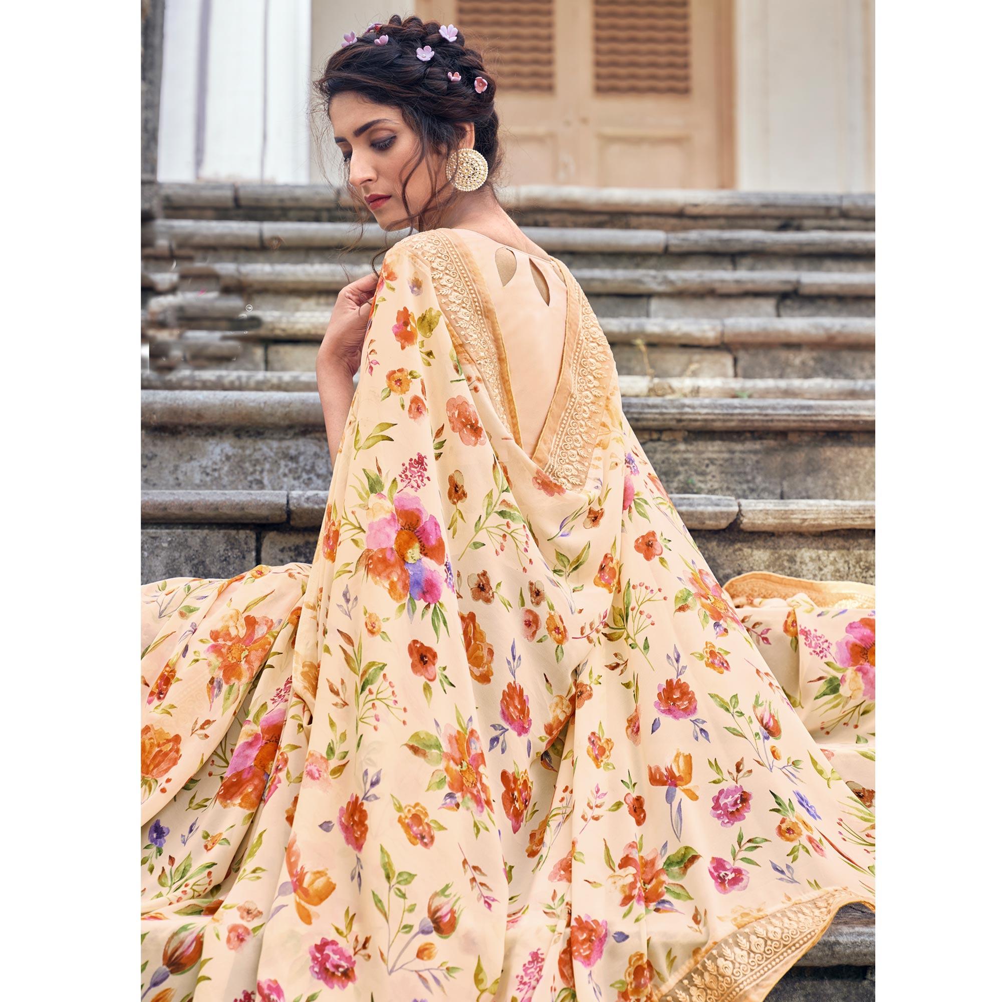 Peach Floral Printed With Embroidered Border Georgette Saree - Peachmode