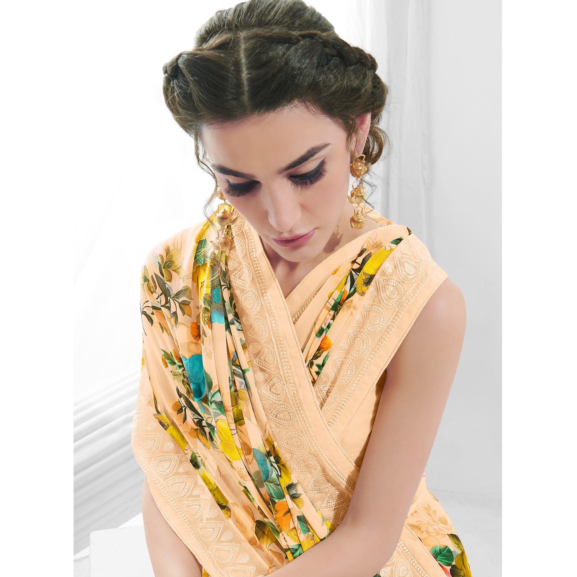 Peach Floral Printed With Embroidered Border Georgette Saree - Peachmode