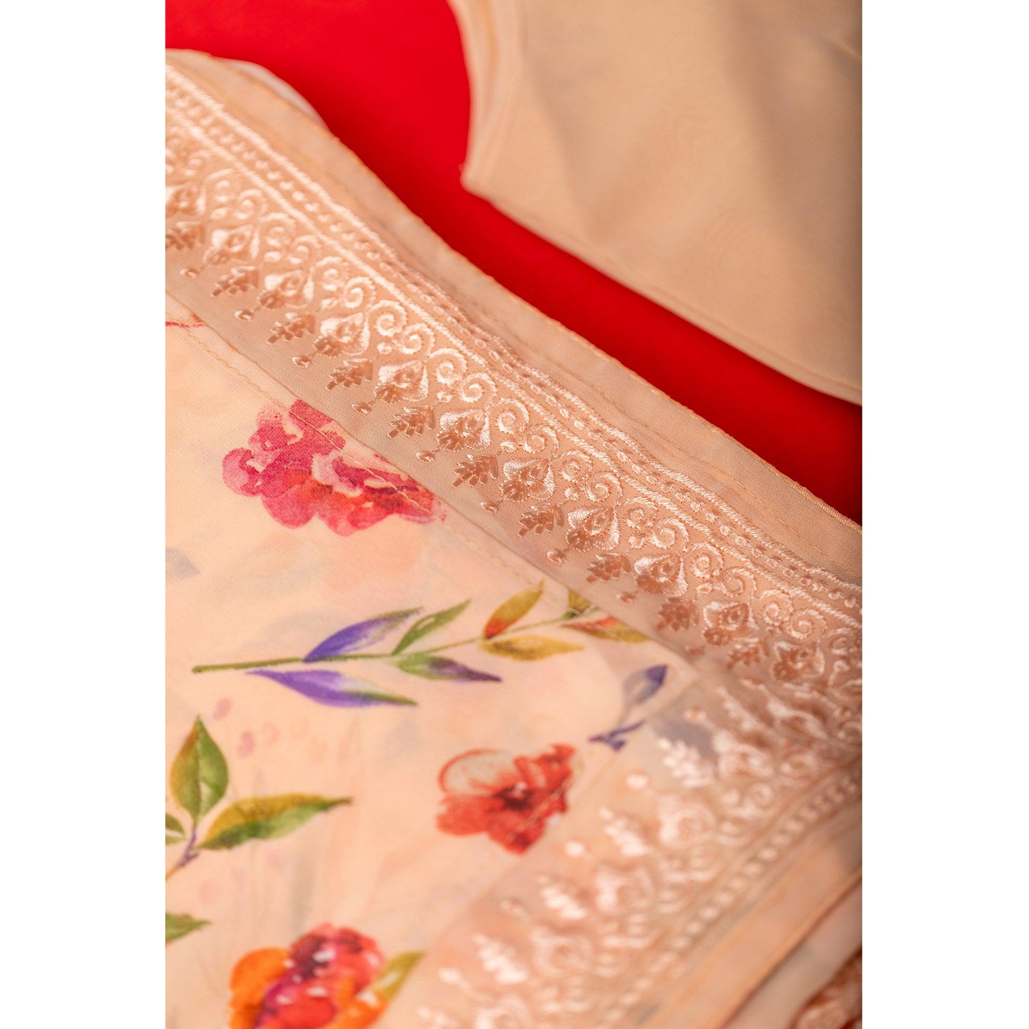 Peach Floral Printed With Embroidered Border Georgette Saree - Peachmode