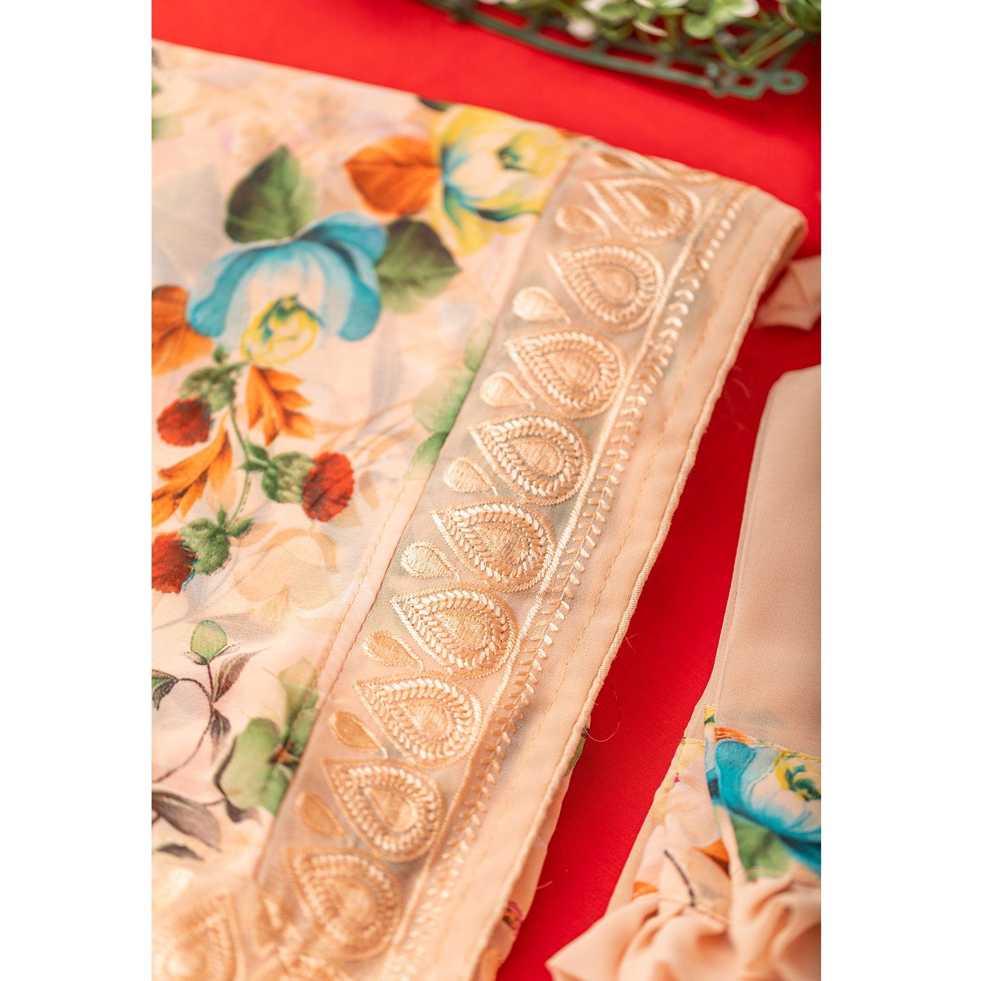 Peach Floral Printed With Embroidered Border Georgette Saree - Peachmode