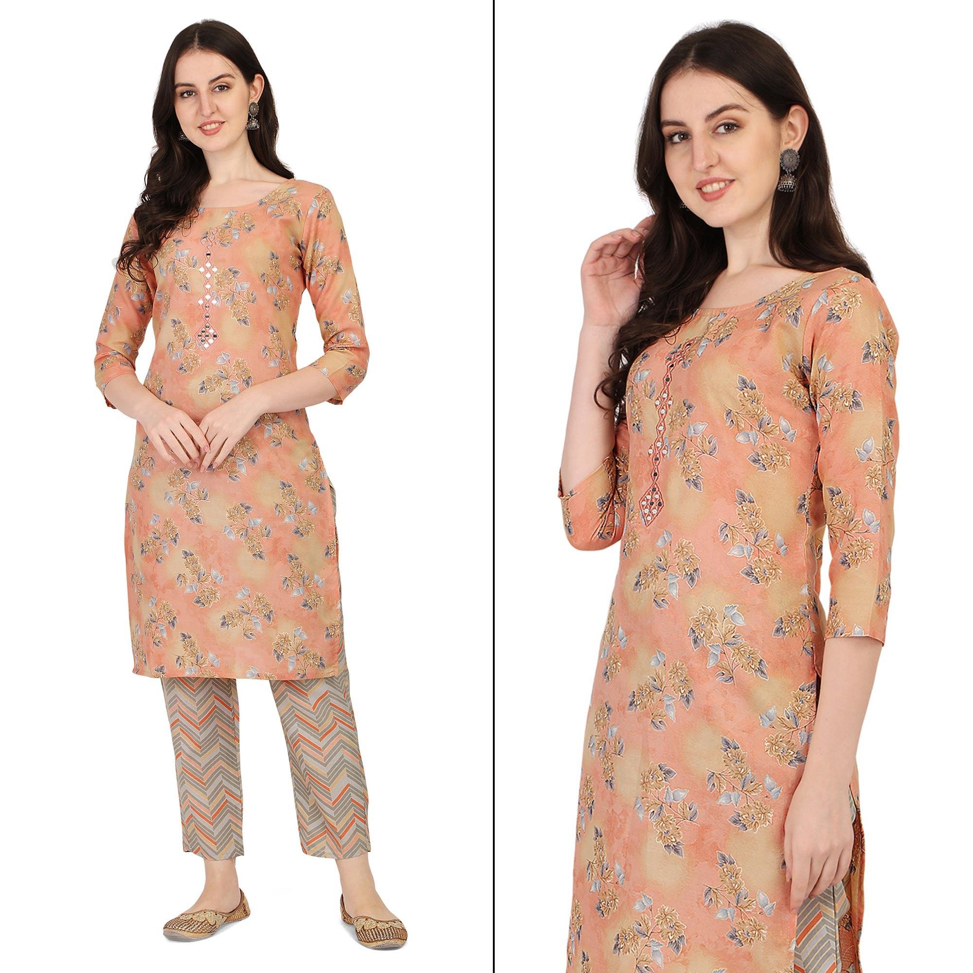 Peach Floral Printed With Embroidered Poly Cotton Kurti Pant Set - Peachmode
