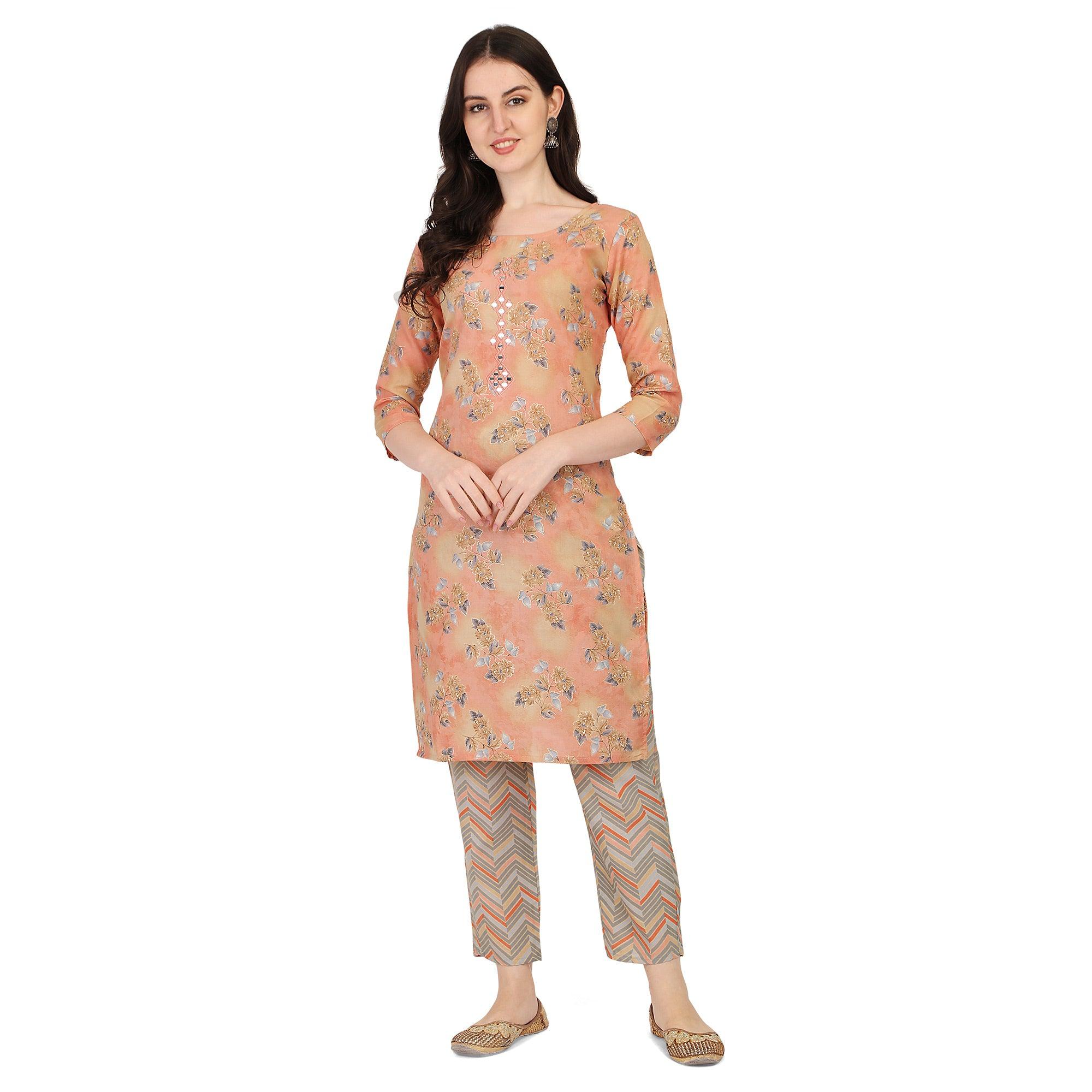 Peach Floral Printed With Embroidered Poly Cotton Kurti Pant Set - Peachmode