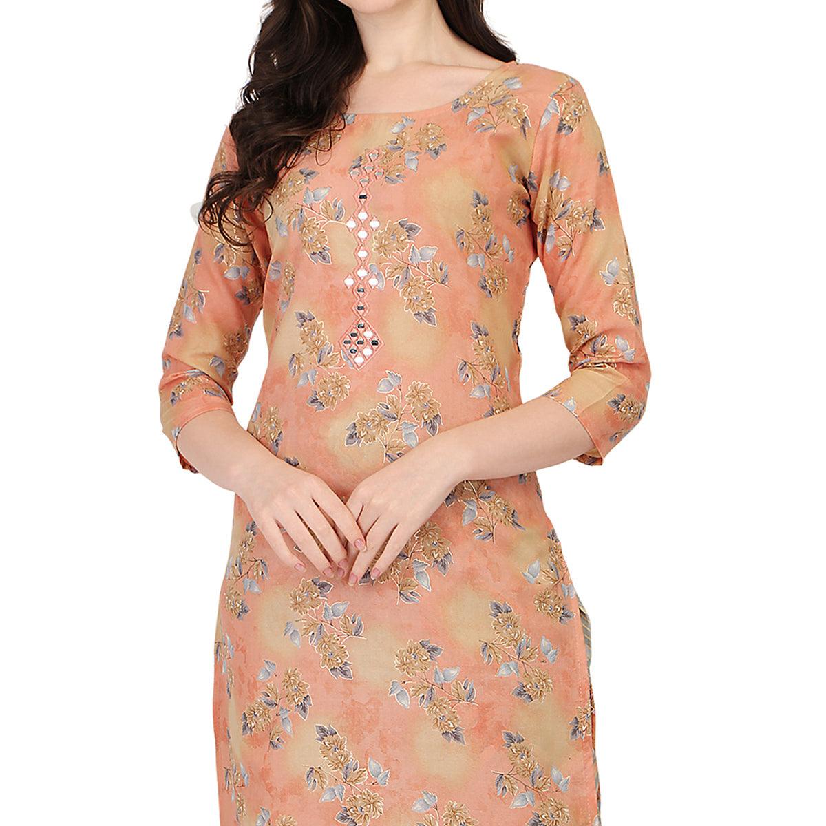 Peach Floral Printed With Embroidered Poly Cotton Kurti Pant Set - Peachmode