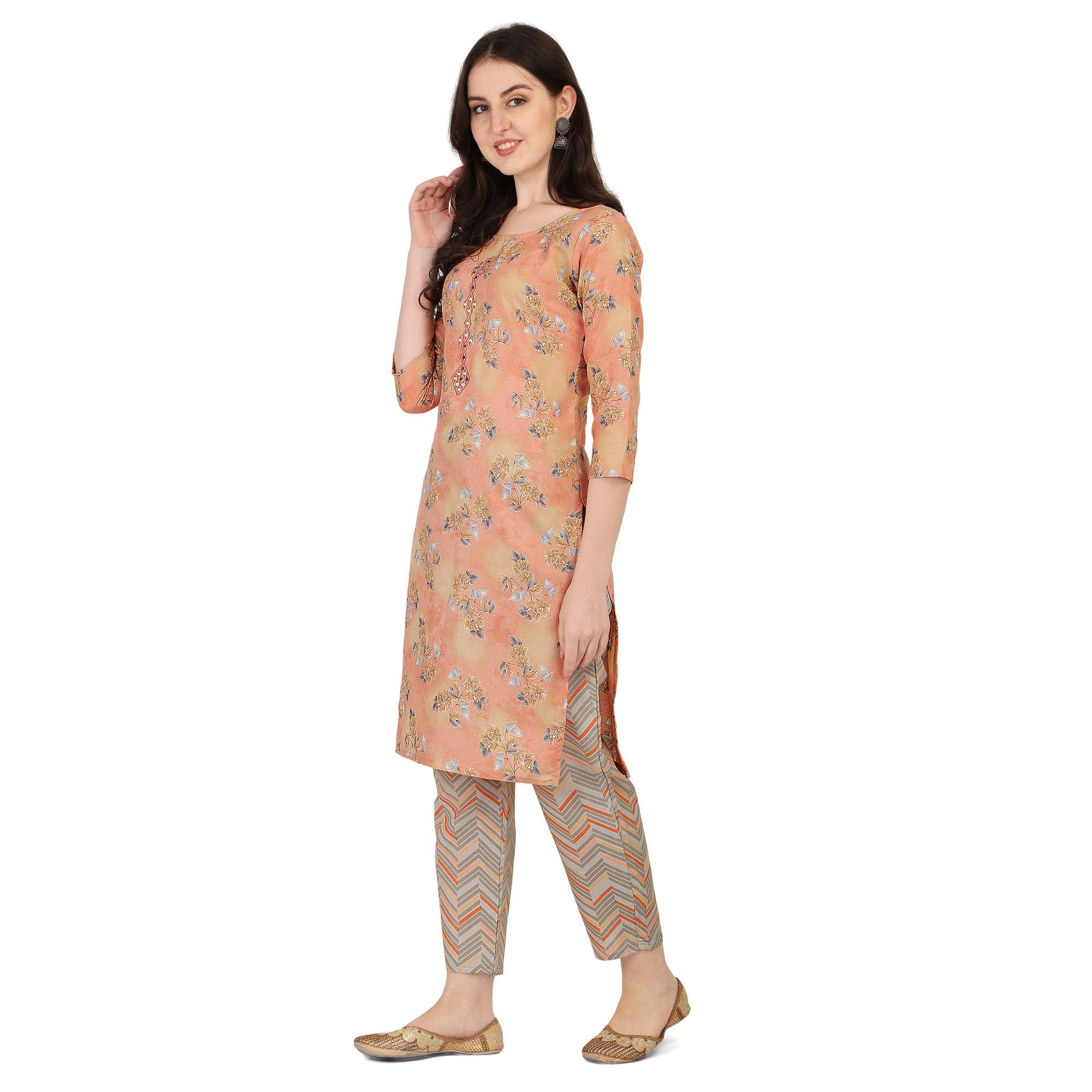 Peach Floral Printed With Embroidered Poly Cotton Kurti Pant Set - Peachmode
