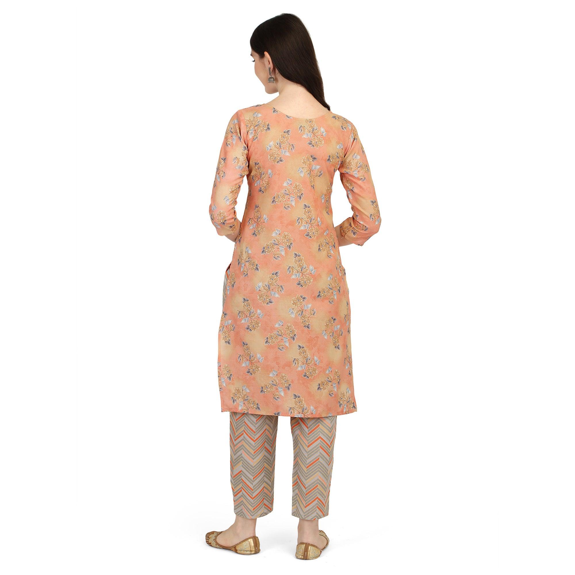 Peach Floral Printed With Embroidered Poly Cotton Kurti Pant Set - Peachmode