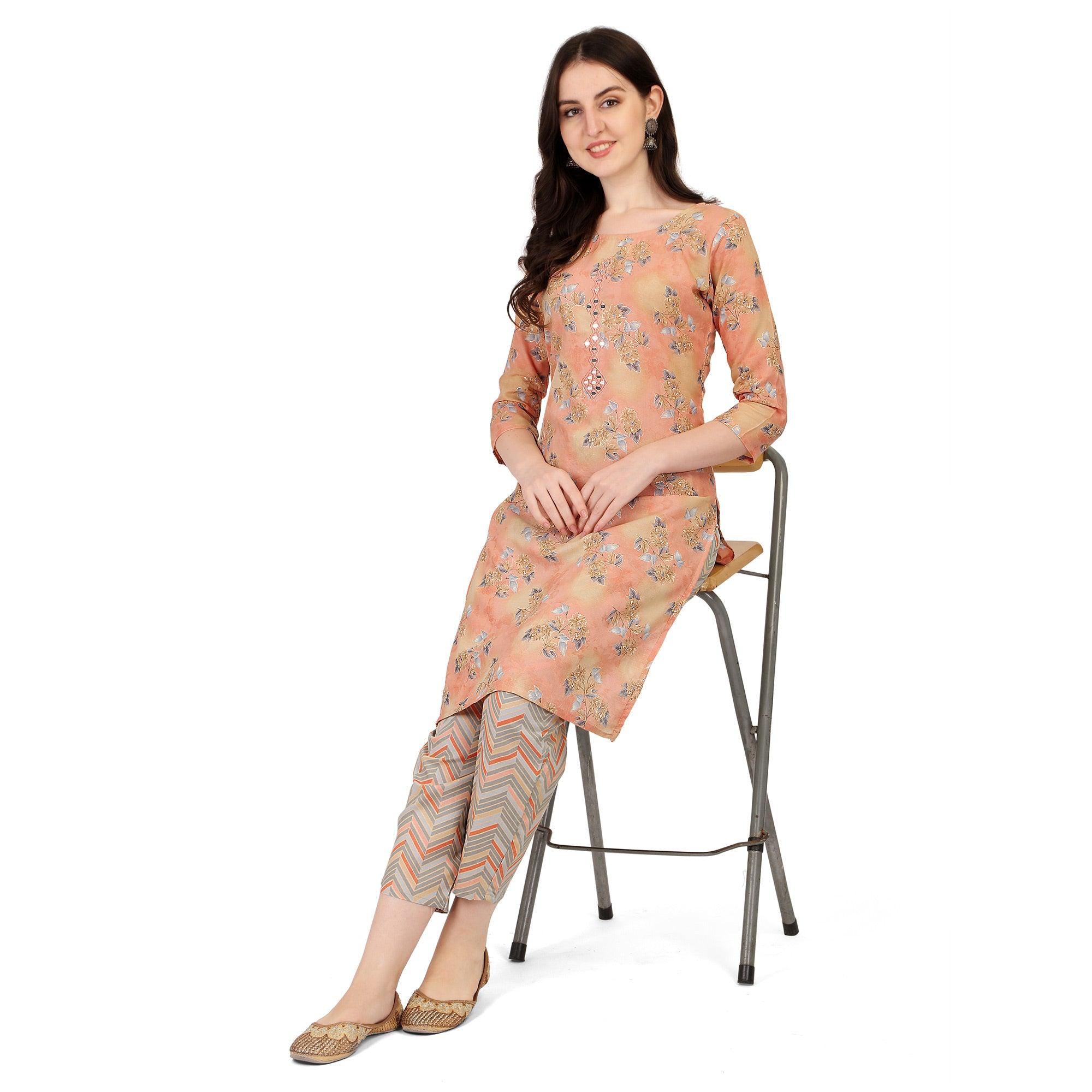 Peach Floral Printed With Embroidered Poly Cotton Kurti Pant Set - Peachmode