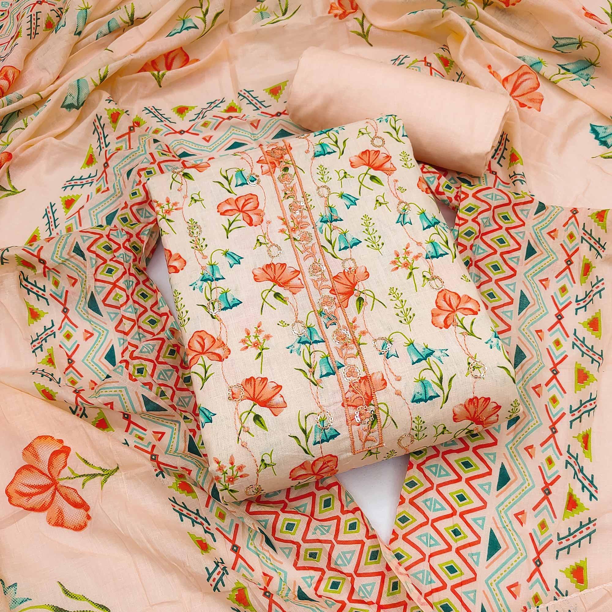 Peach Floral Printed With Embroidered Pure Cotton Dress Material - Peachmode