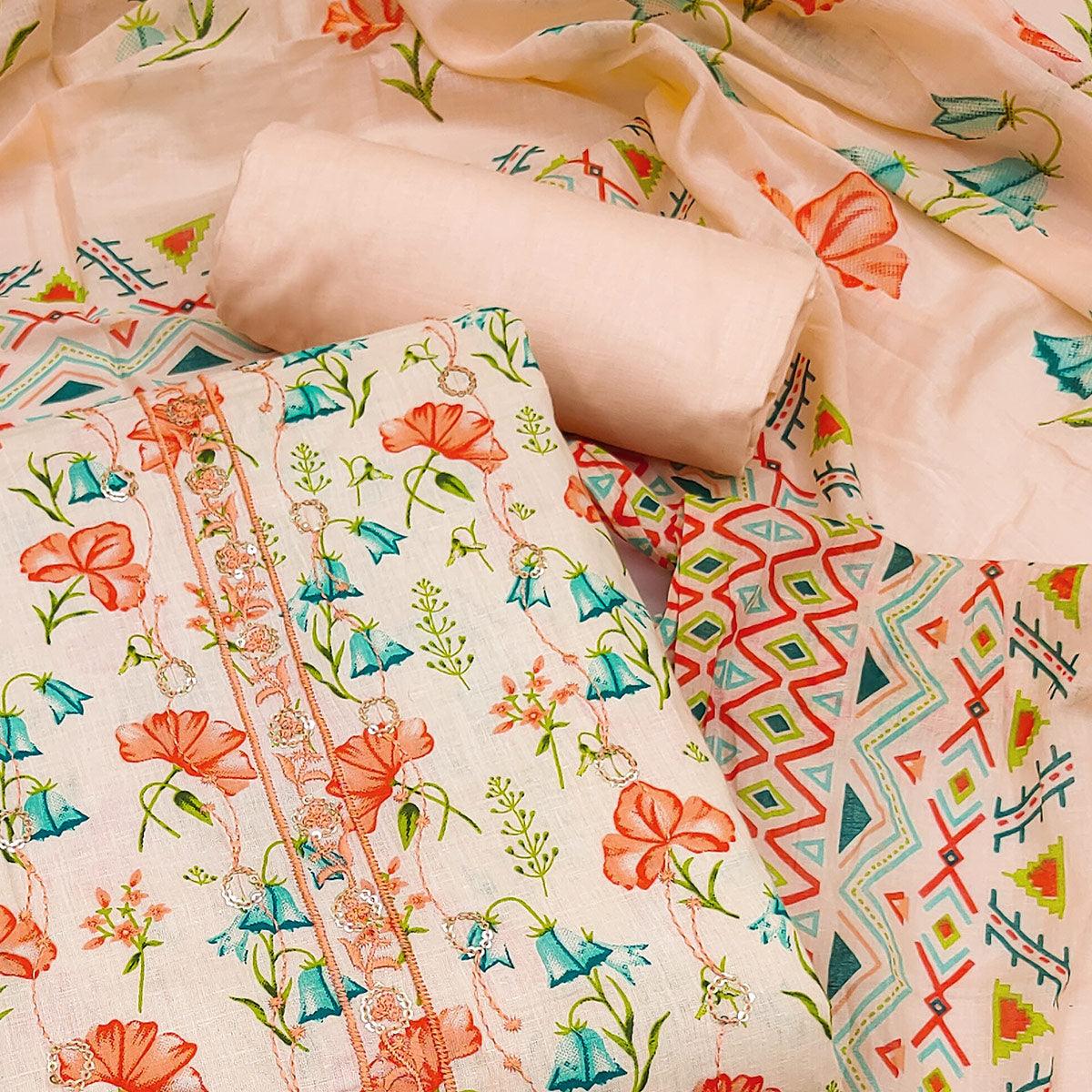 Peach Floral Printed With Embroidered Pure Cotton Dress Material - Peachmode
