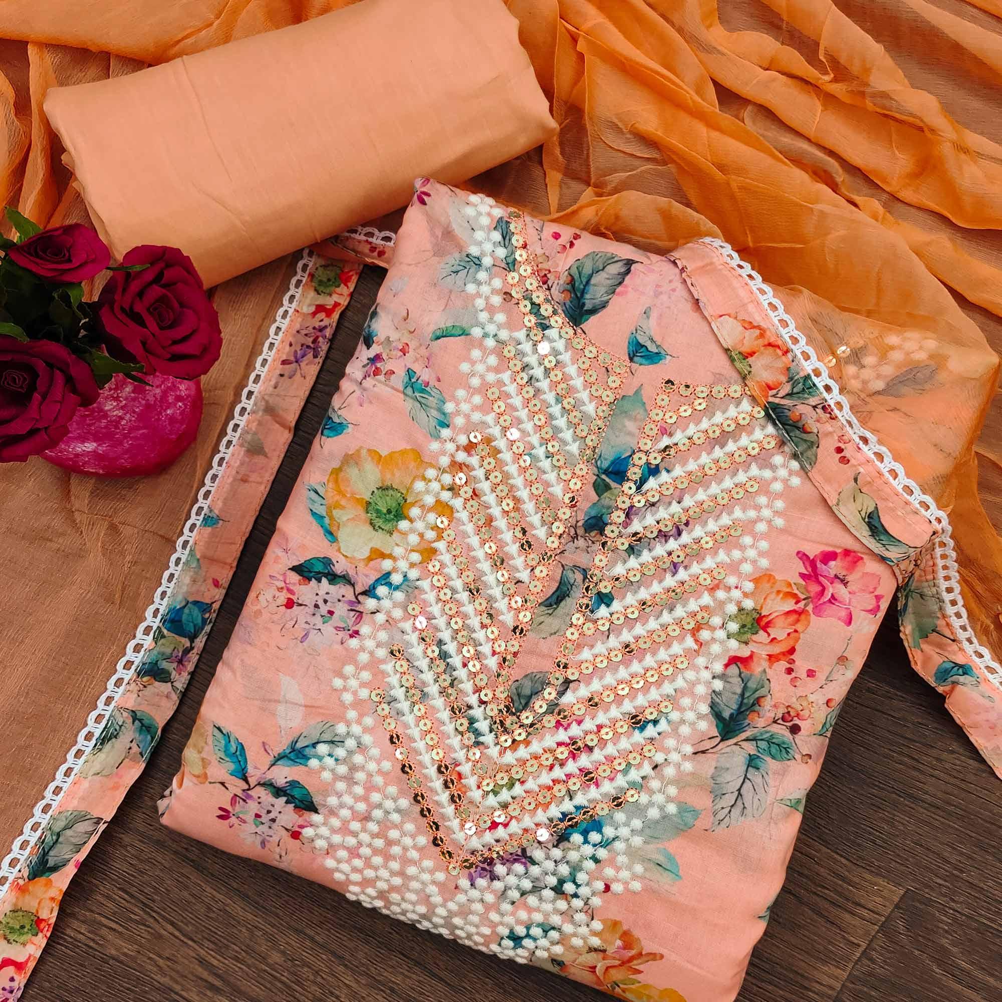 Peach Floral Printed With Sequence Embroidery Pure Cotton Dress Material - Peachmode
