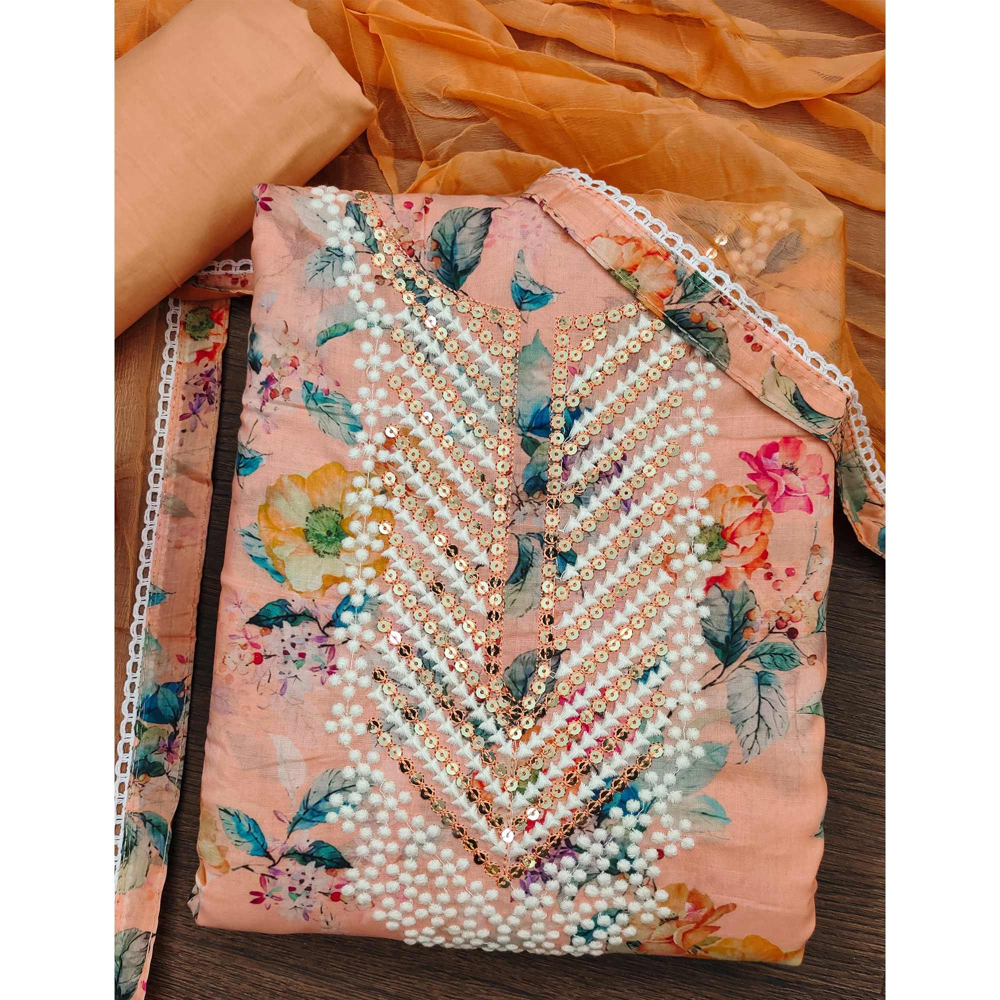 Peach Floral Printed With Sequence Embroidery Pure Cotton Dress Material - Peachmode