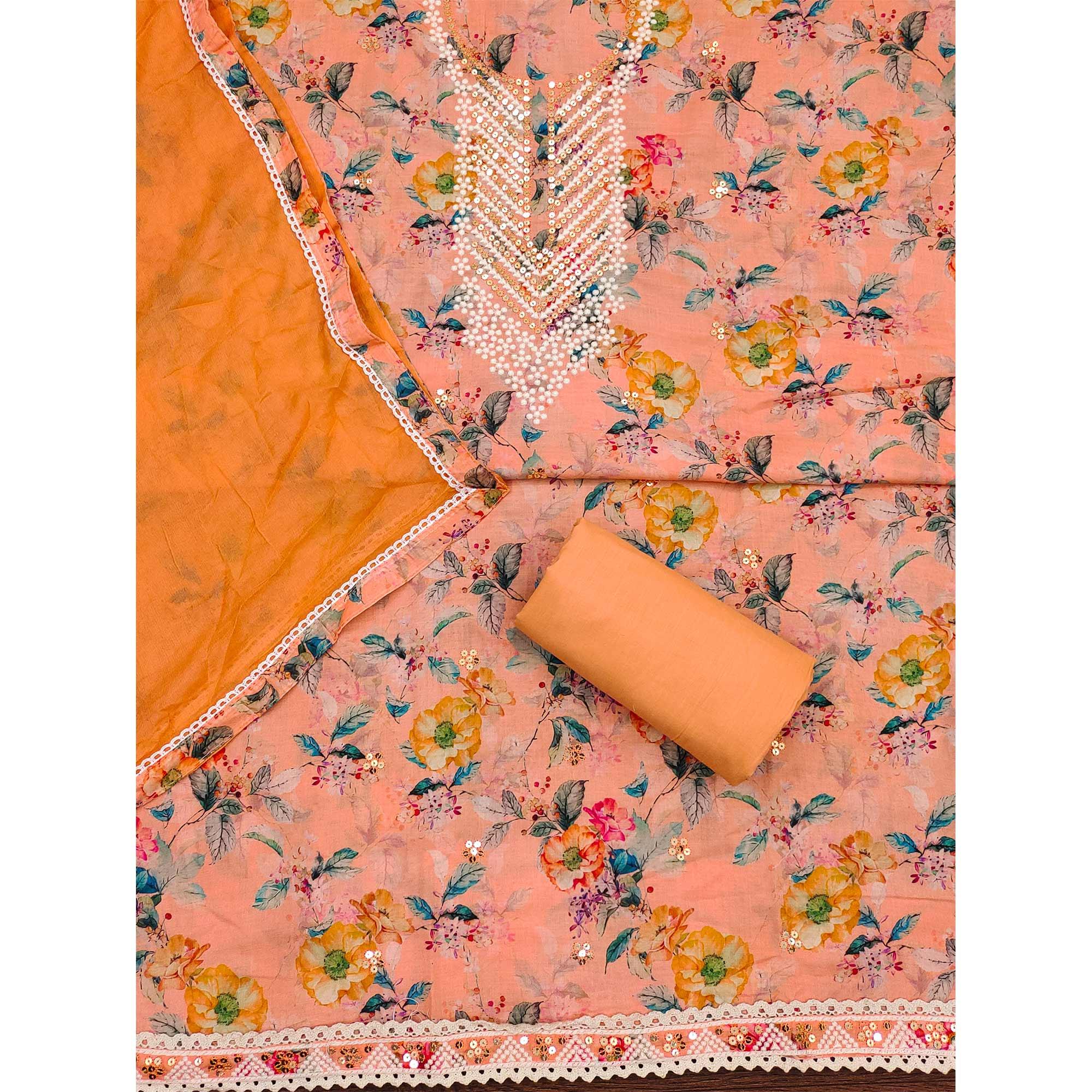 Peach Floral Printed With Sequence Embroidery Pure Cotton Dress Material - Peachmode
