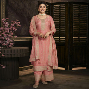 Peach Floral Sequence Embroidered Dola Silk Palazzo Suit - Peachmode