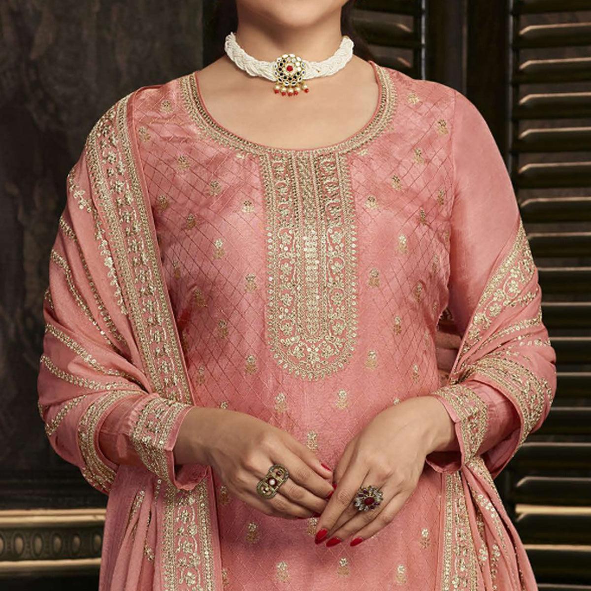 Peach Floral Sequence Embroidered Dola Silk Palazzo Suit - Peachmode
