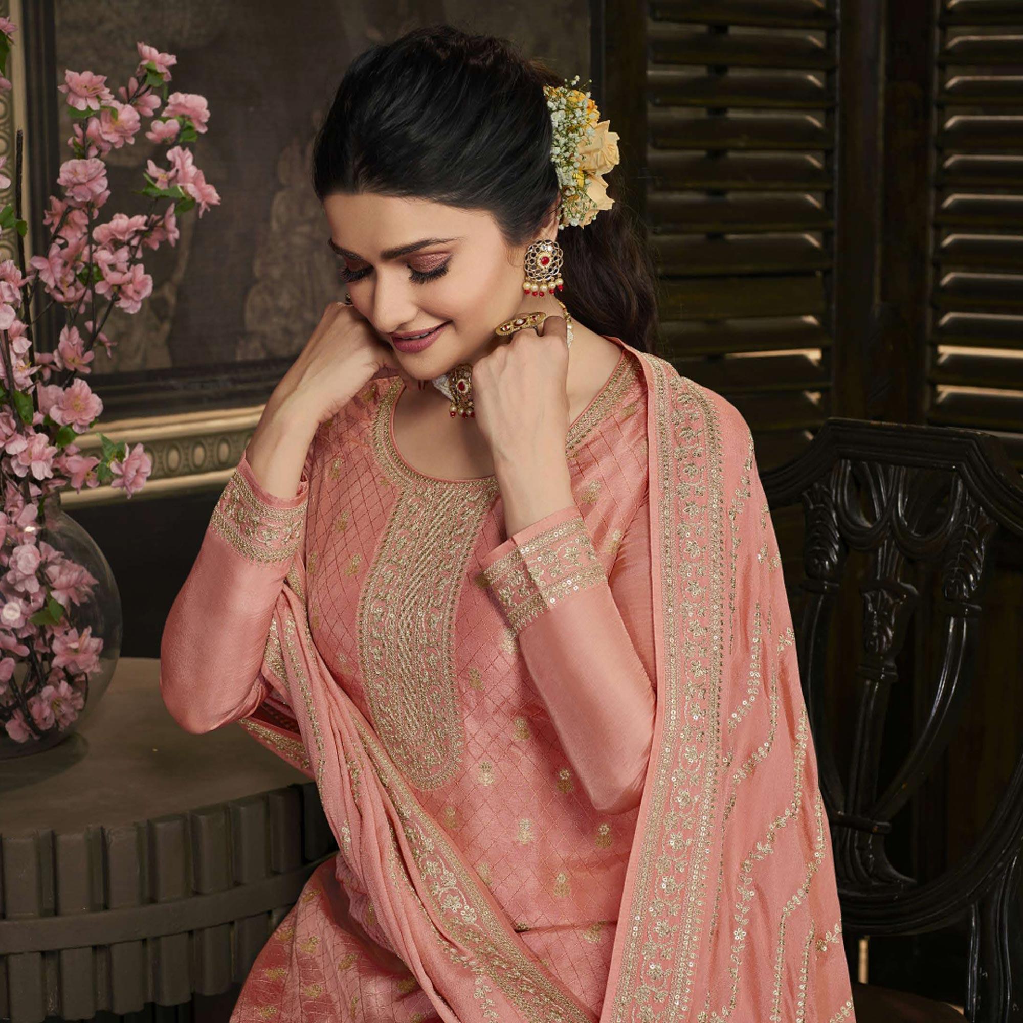 Peach Floral Sequence Embroidered Dola Silk Palazzo Suit - Peachmode