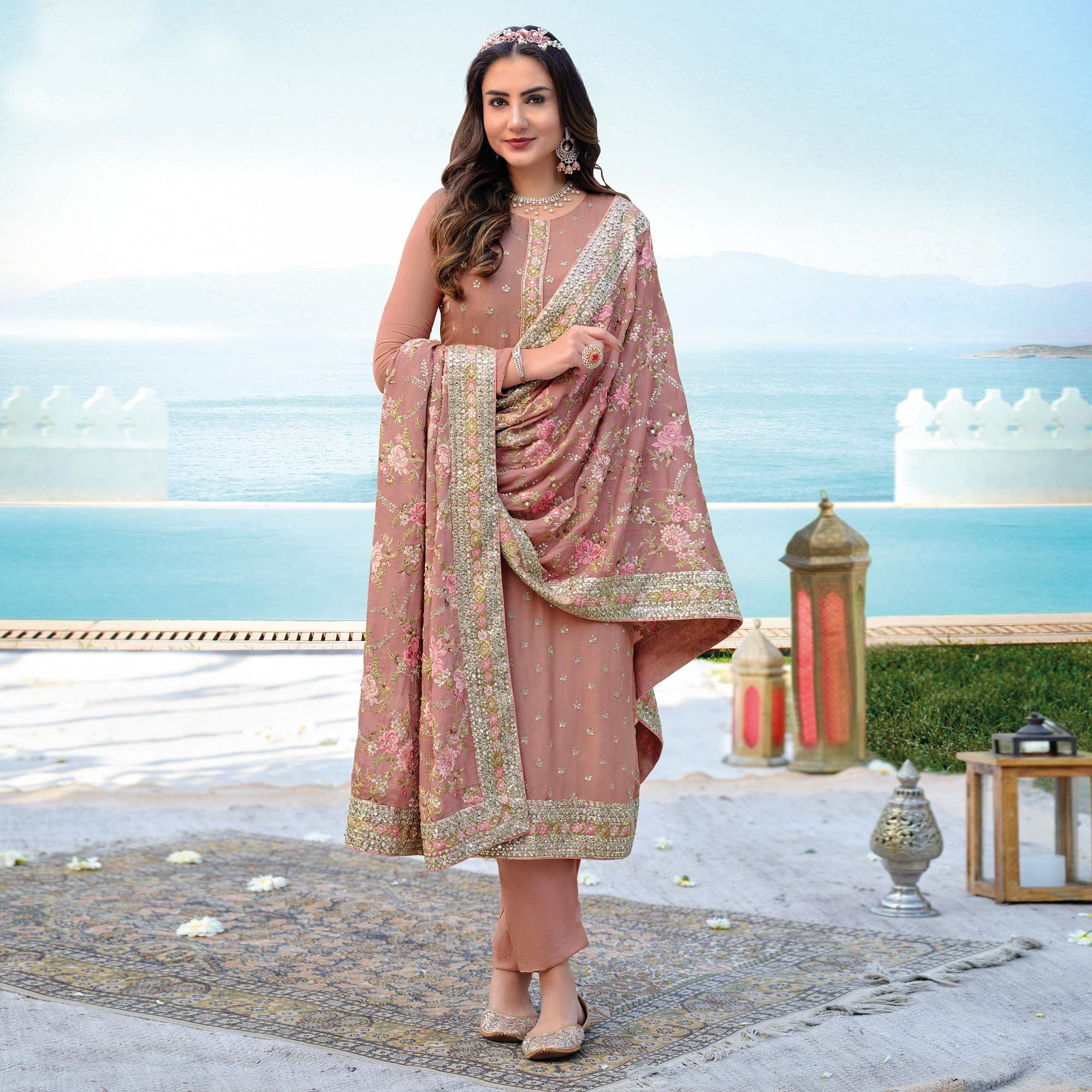 Peach Floral Sequence Embroidered Georgette Partywear Suit - Peachmode