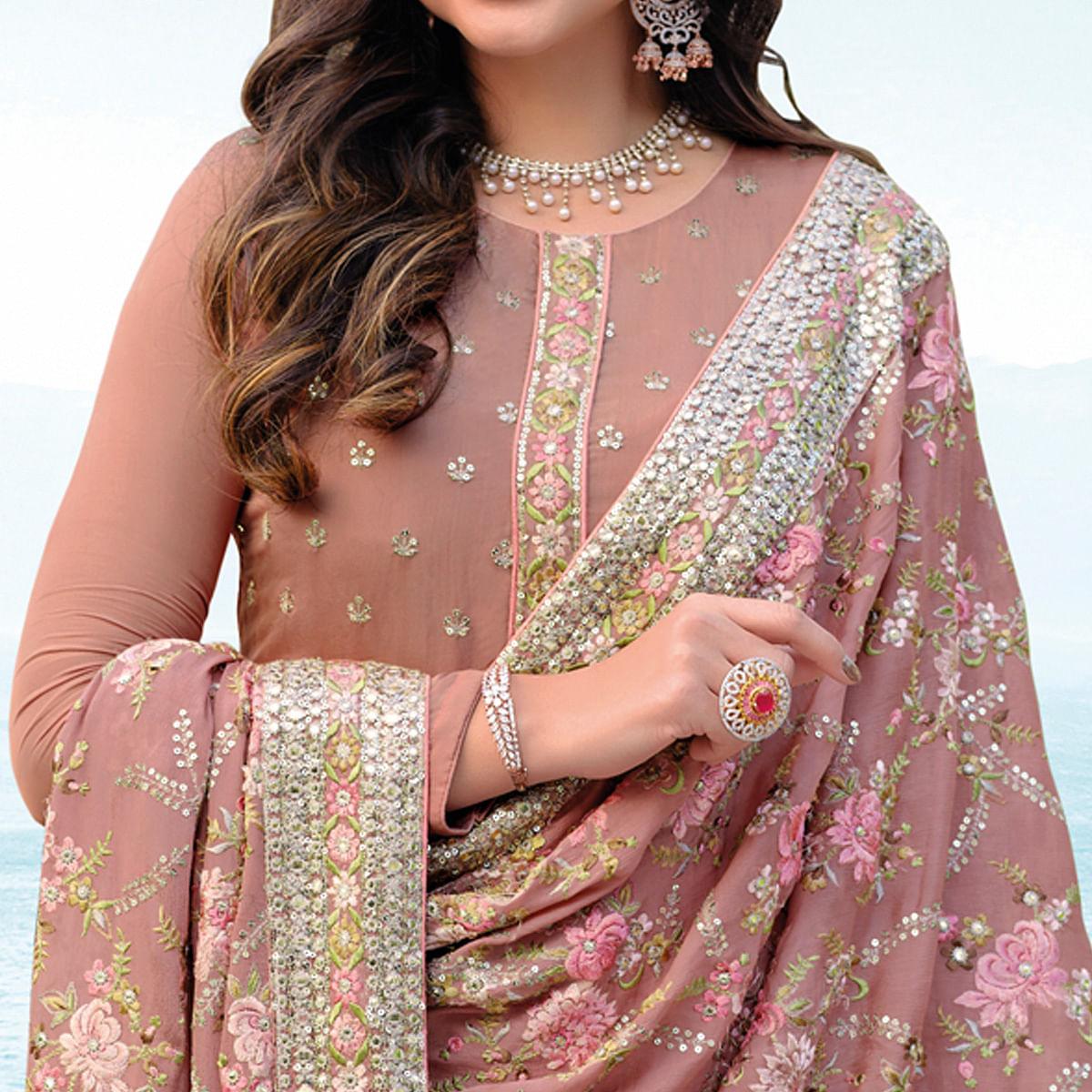 Peach Floral Sequence Embroidered Georgette Partywear Suit - Peachmode