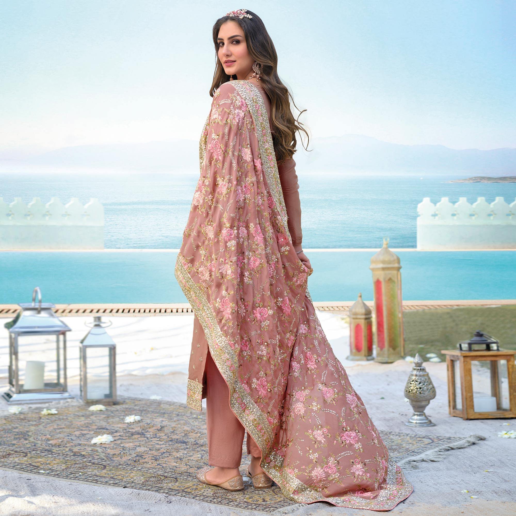 Peach Floral Sequence Embroidered Georgette Partywear Suit - Peachmode