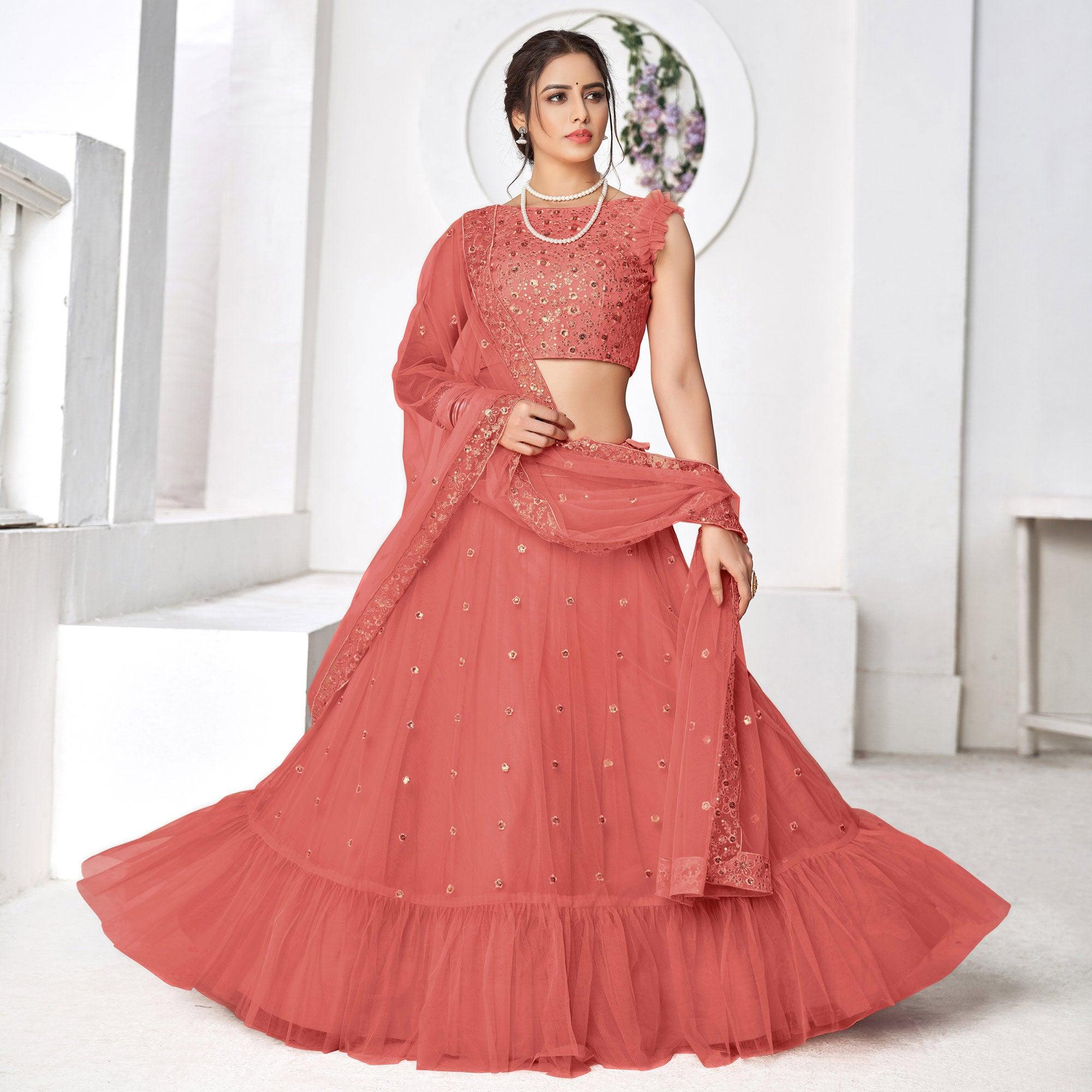 Peach Floral Sequence Embroidered Net Lehenga Choli - Peachmode