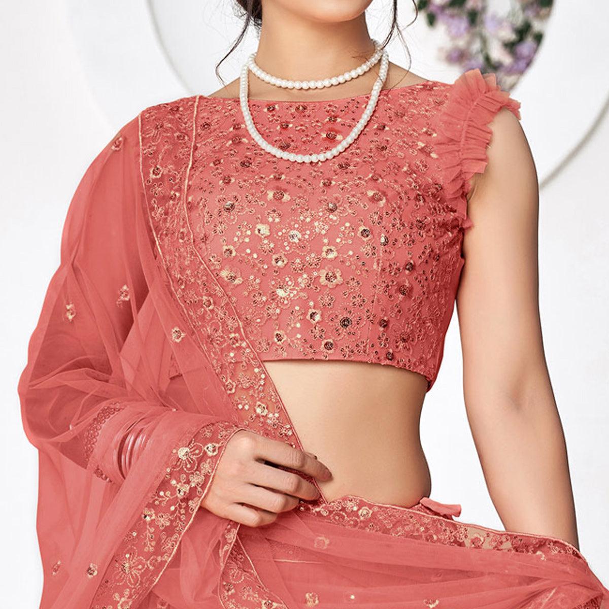 Peach Floral Sequence Embroidered Net Lehenga Choli - Peachmode