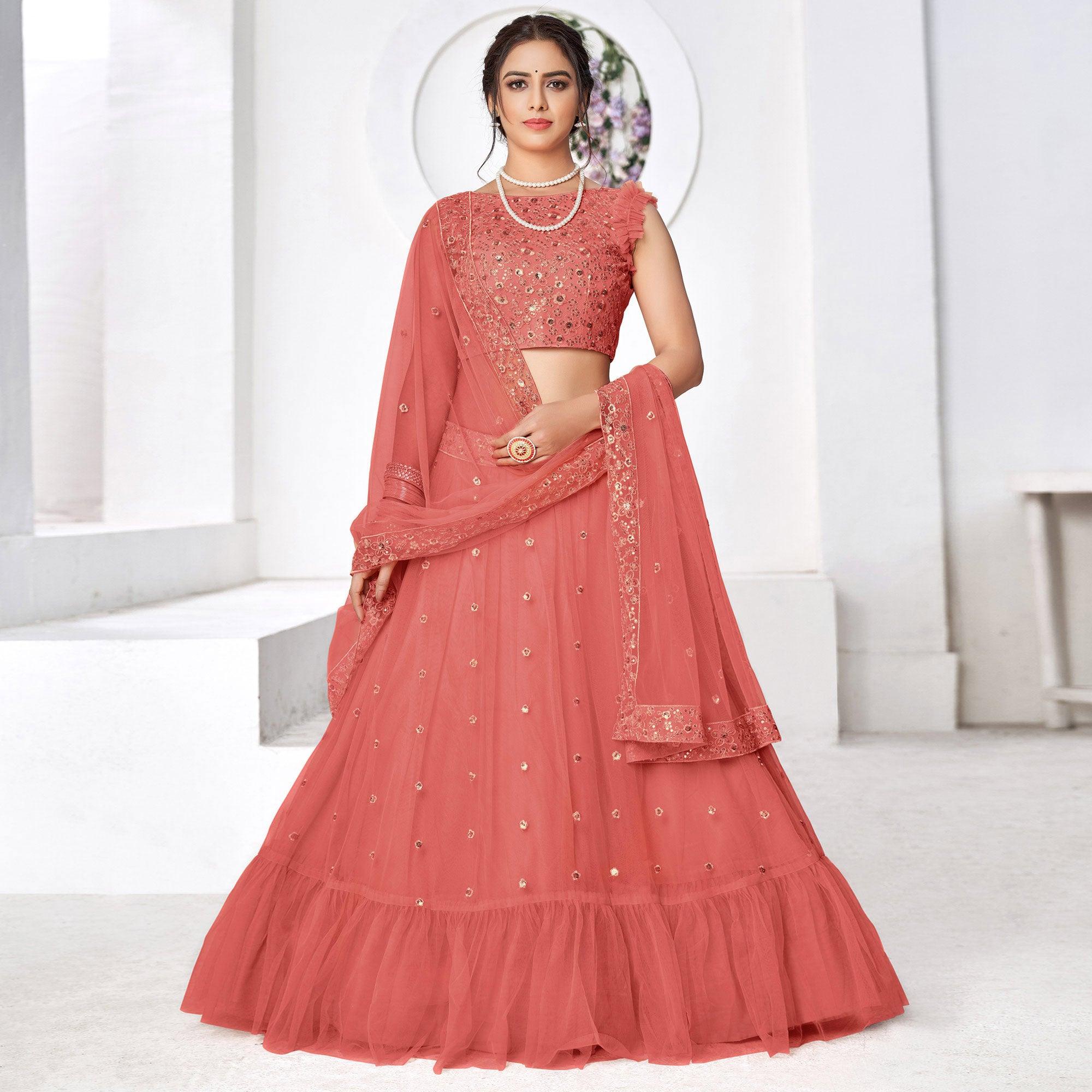 Peach Floral Sequence Embroidered Net Lehenga Choli - Peachmode