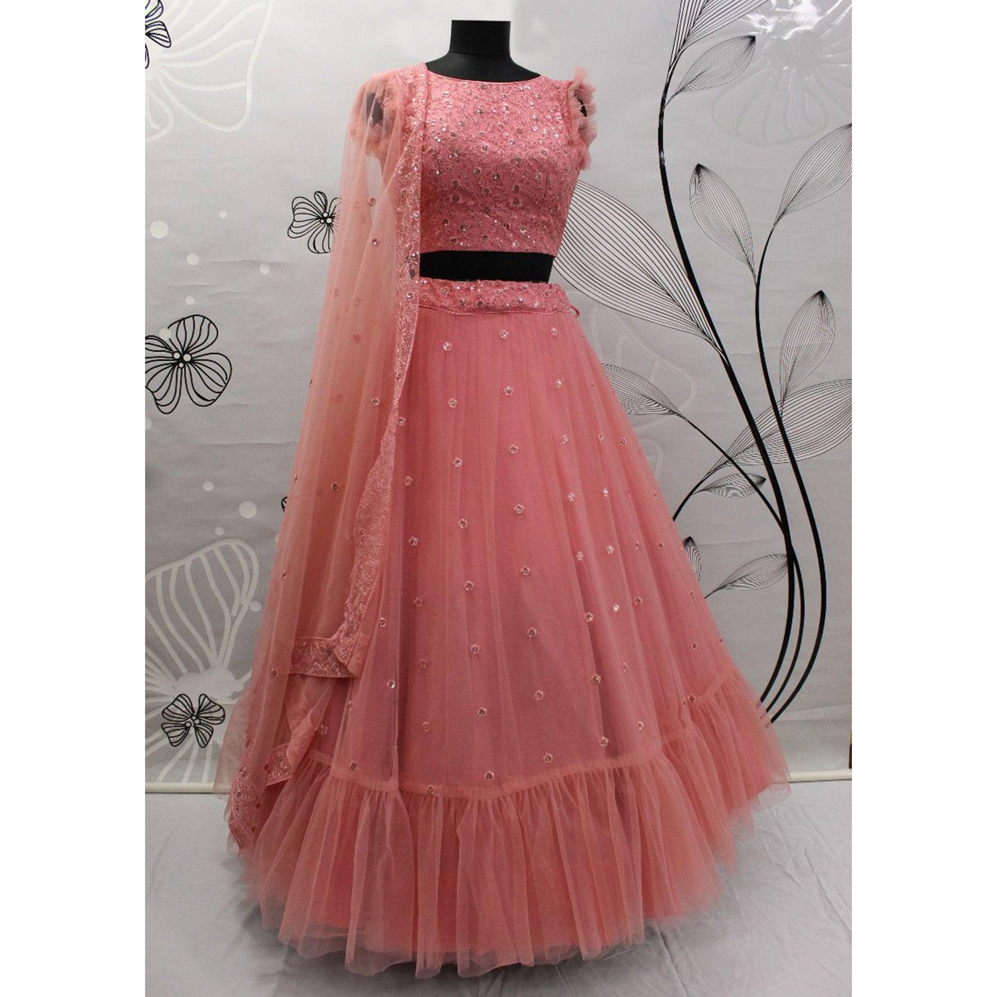 Peach Floral Sequence Embroidered Net Lehenga Choli - Peachmode