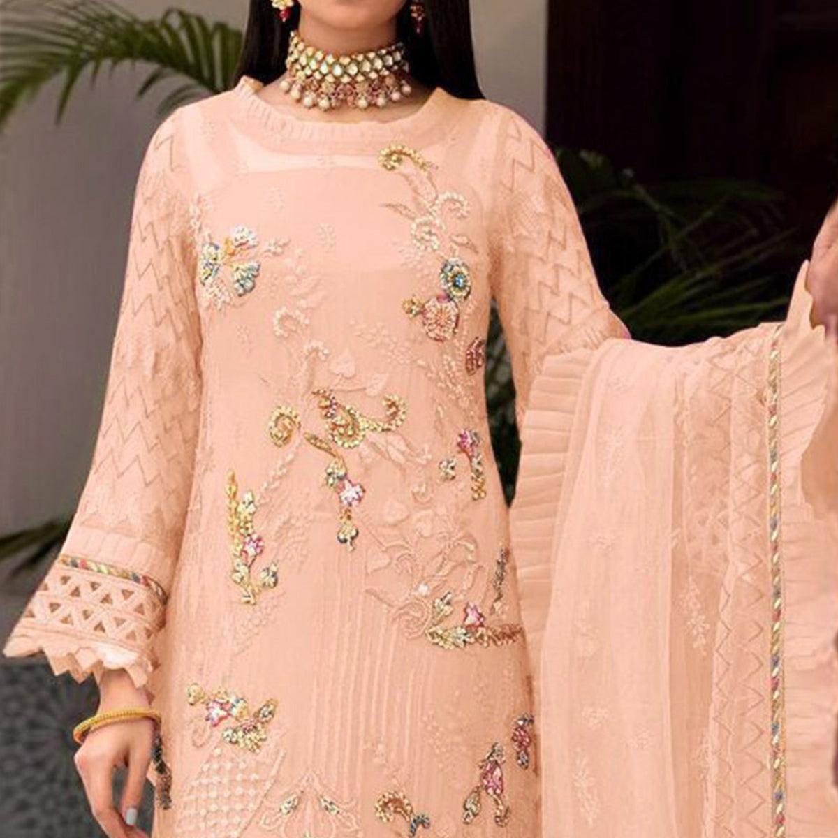 Peach Floral Sequence Embroidered Work Georgette Pakistani Suit - Peachmode