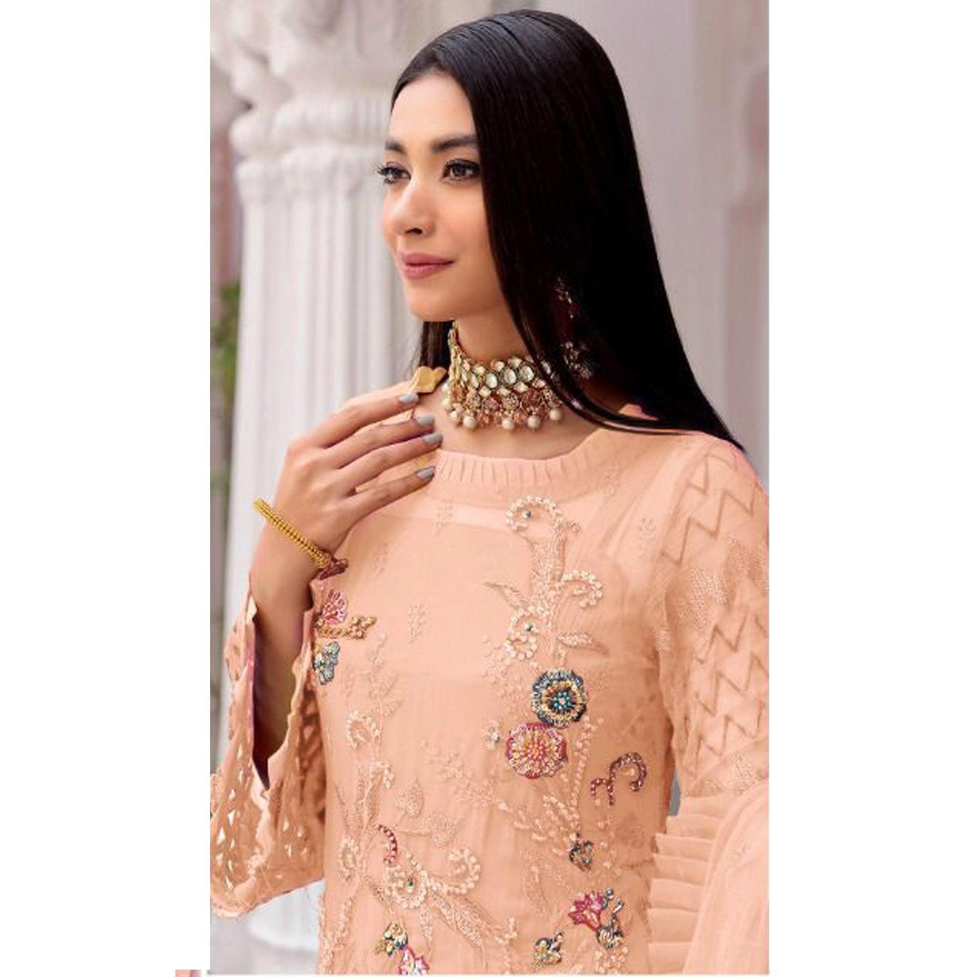 Peach Floral Sequence Embroidered Work Georgette Pakistani Suit - Peachmode