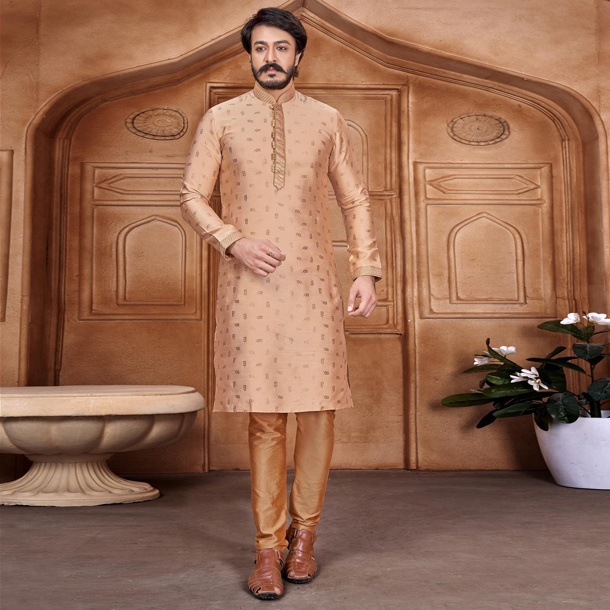 Peach Floral Woven Jacquard Kurta Pyjama Set - Peachmode