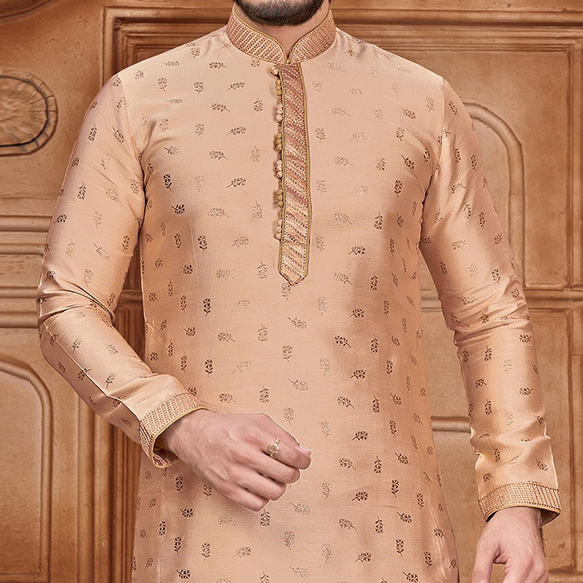 Peach Floral Woven Jacquard Kurta Pyjama Set - Peachmode