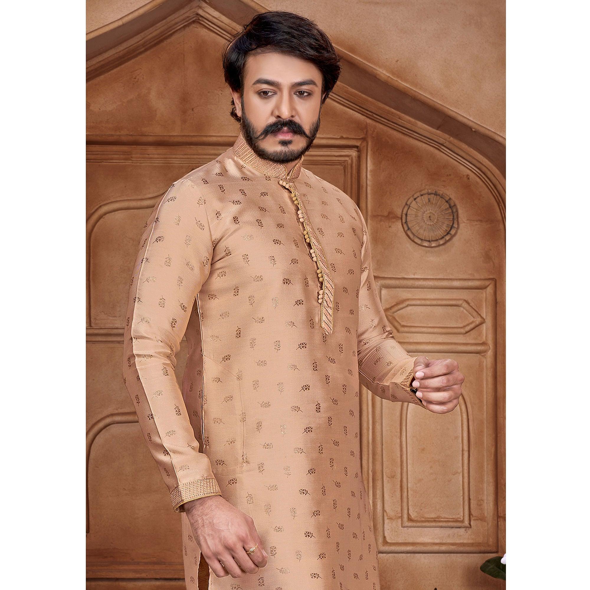 Peach Floral Woven Jacquard Kurta Pyjama Set - Peachmode