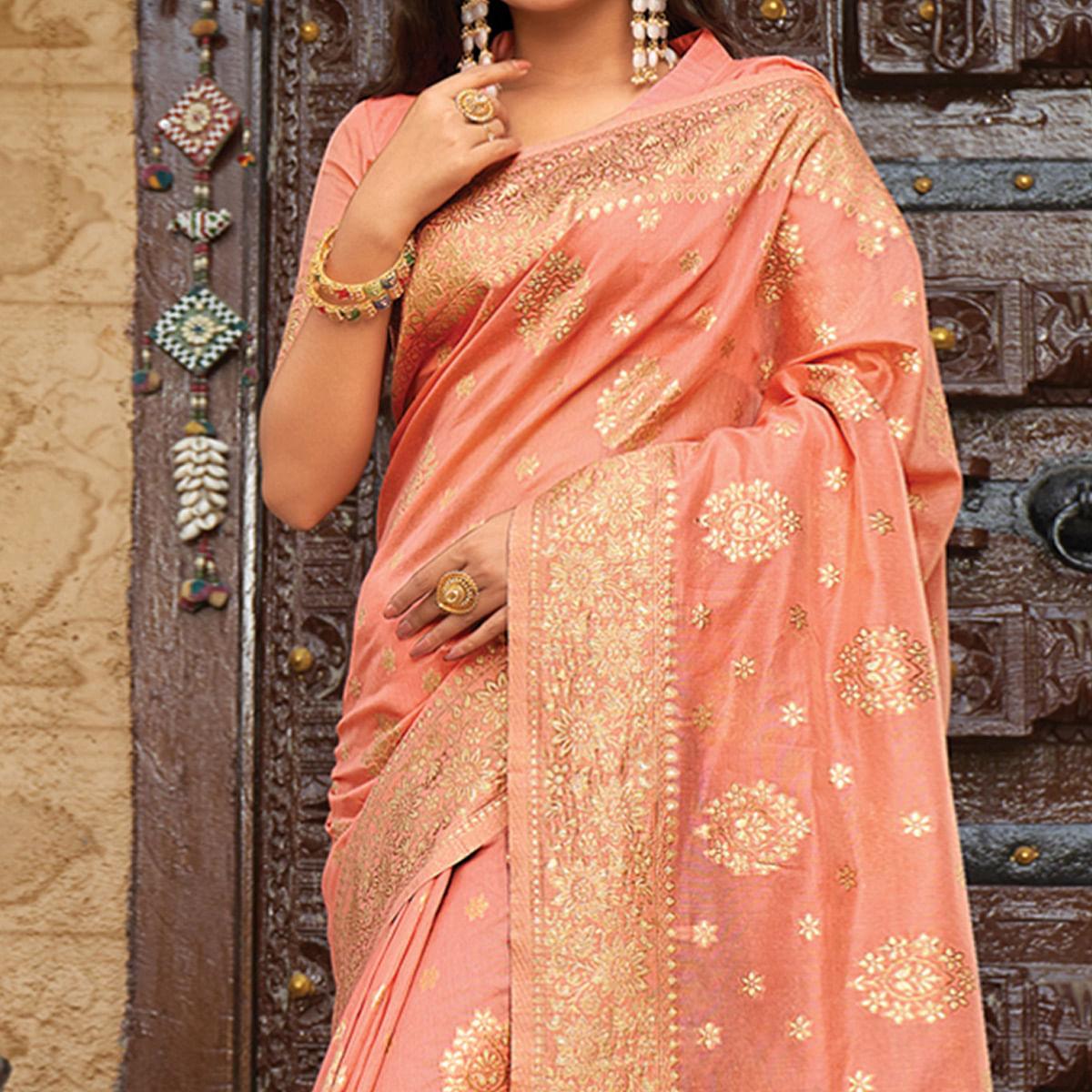 Peach Floral Woven Pure Cotton Saree - Peachmode