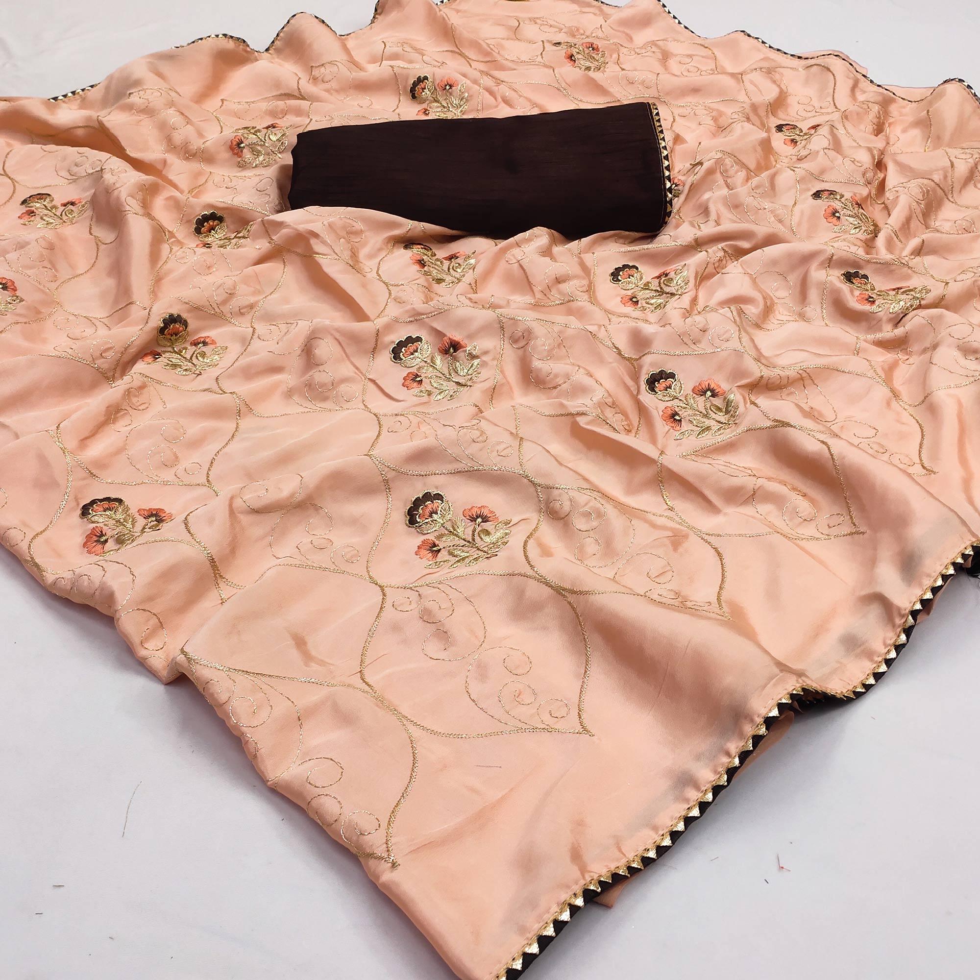 Peach Floral Zari Embroidered Silk Saree - Peachmode