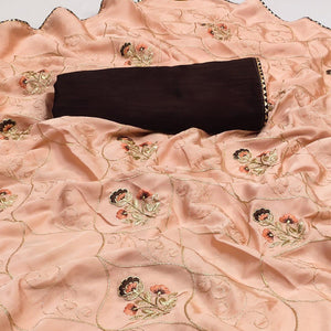 Peach Floral Zari Embroidered Silk Saree - Peachmode