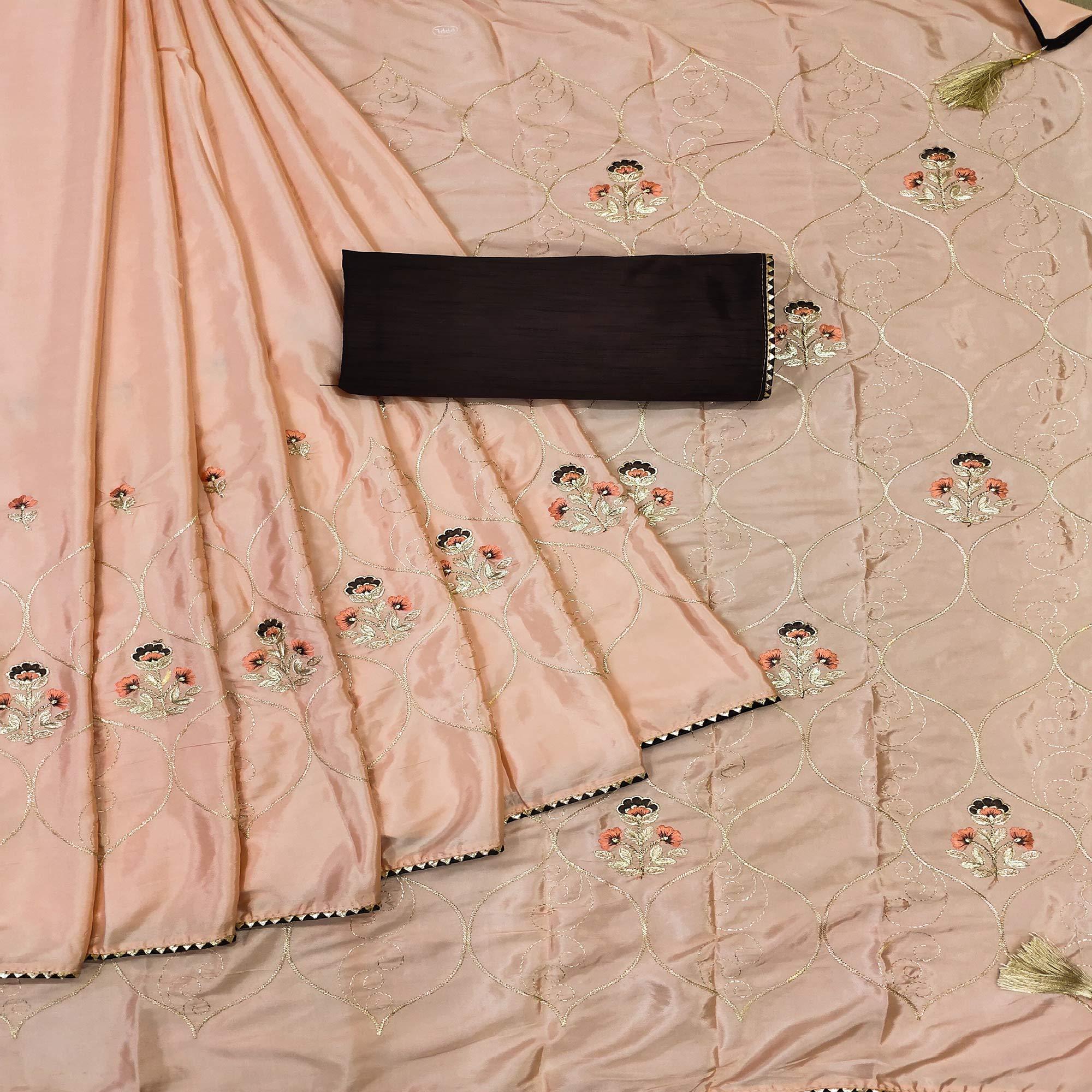 Peach Floral Zari Embroidered Silk Saree - Peachmode