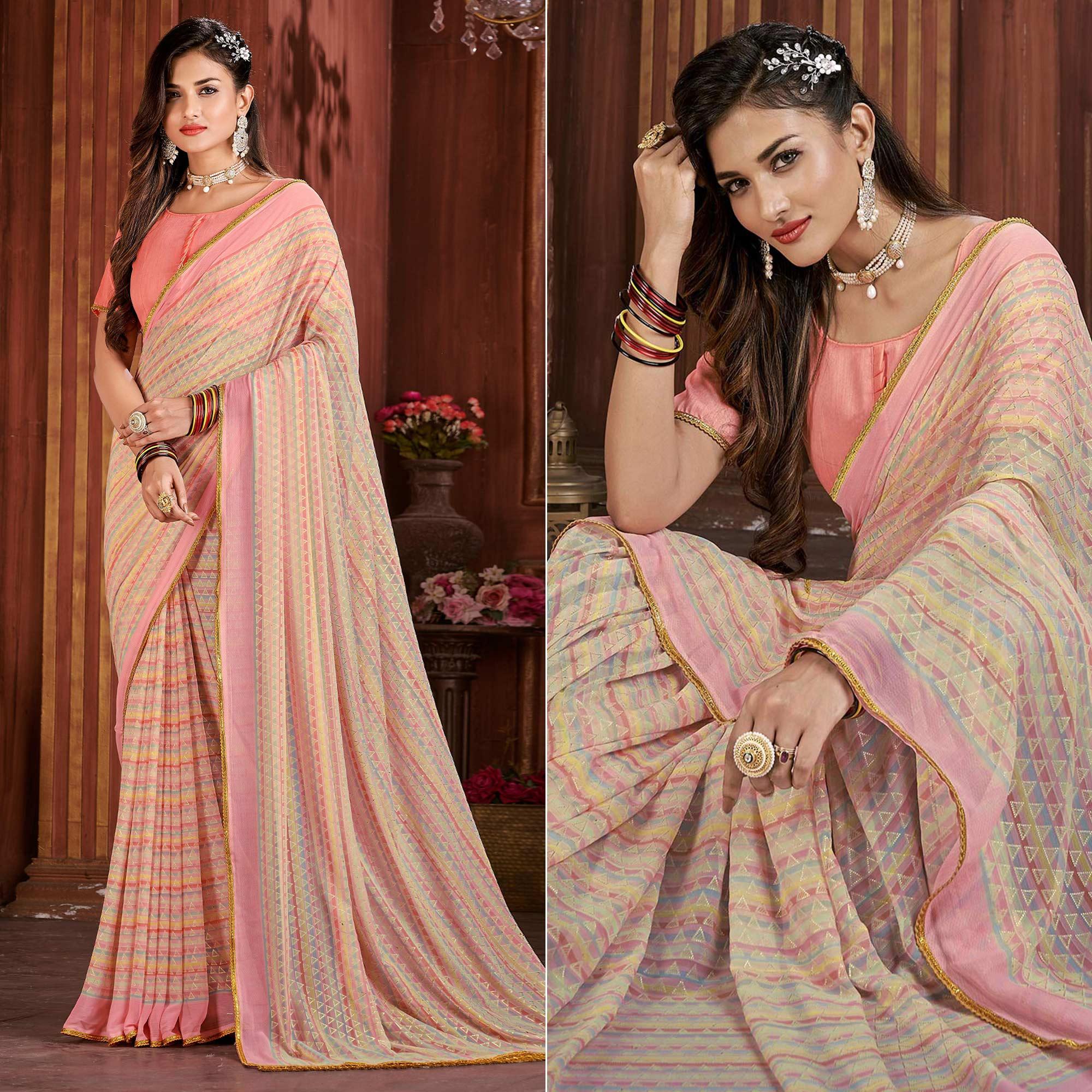 Peach Foil Printed Georgette Saree - Peachmode