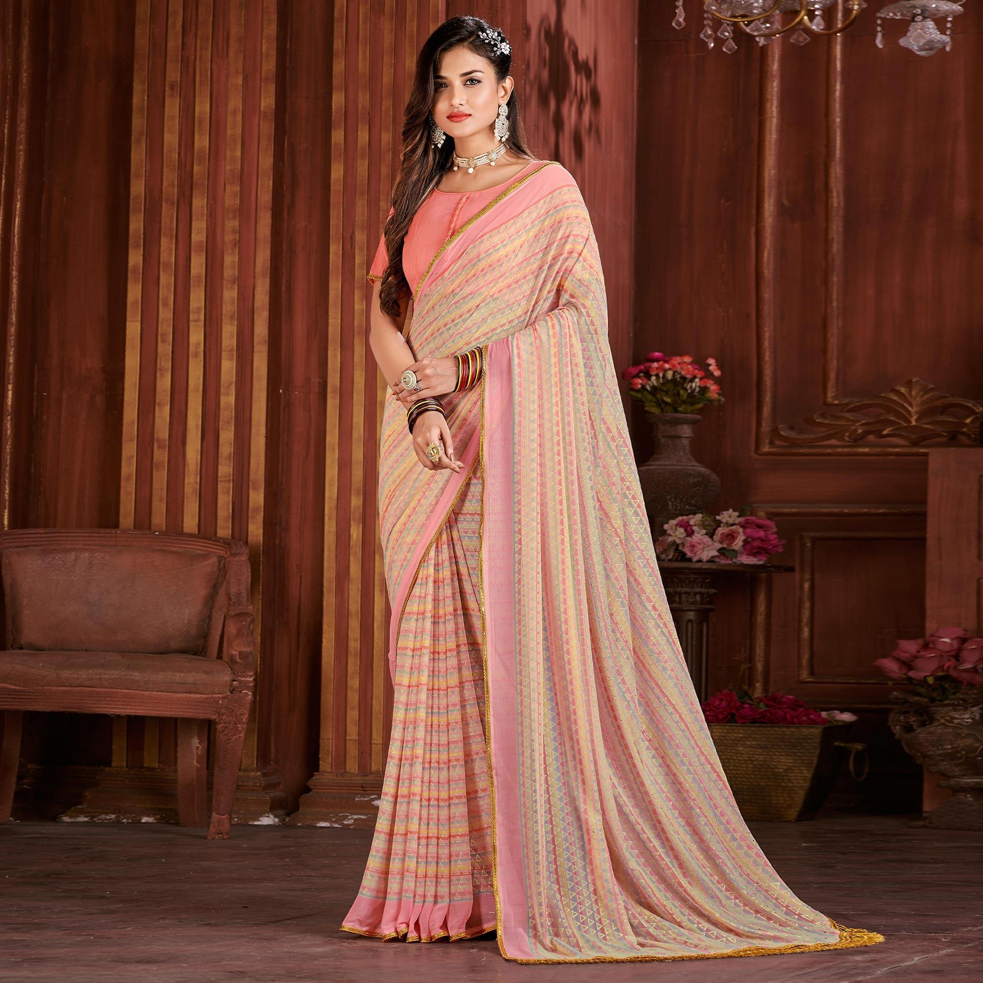 Peach Foil Printed Georgette Saree - Peachmode