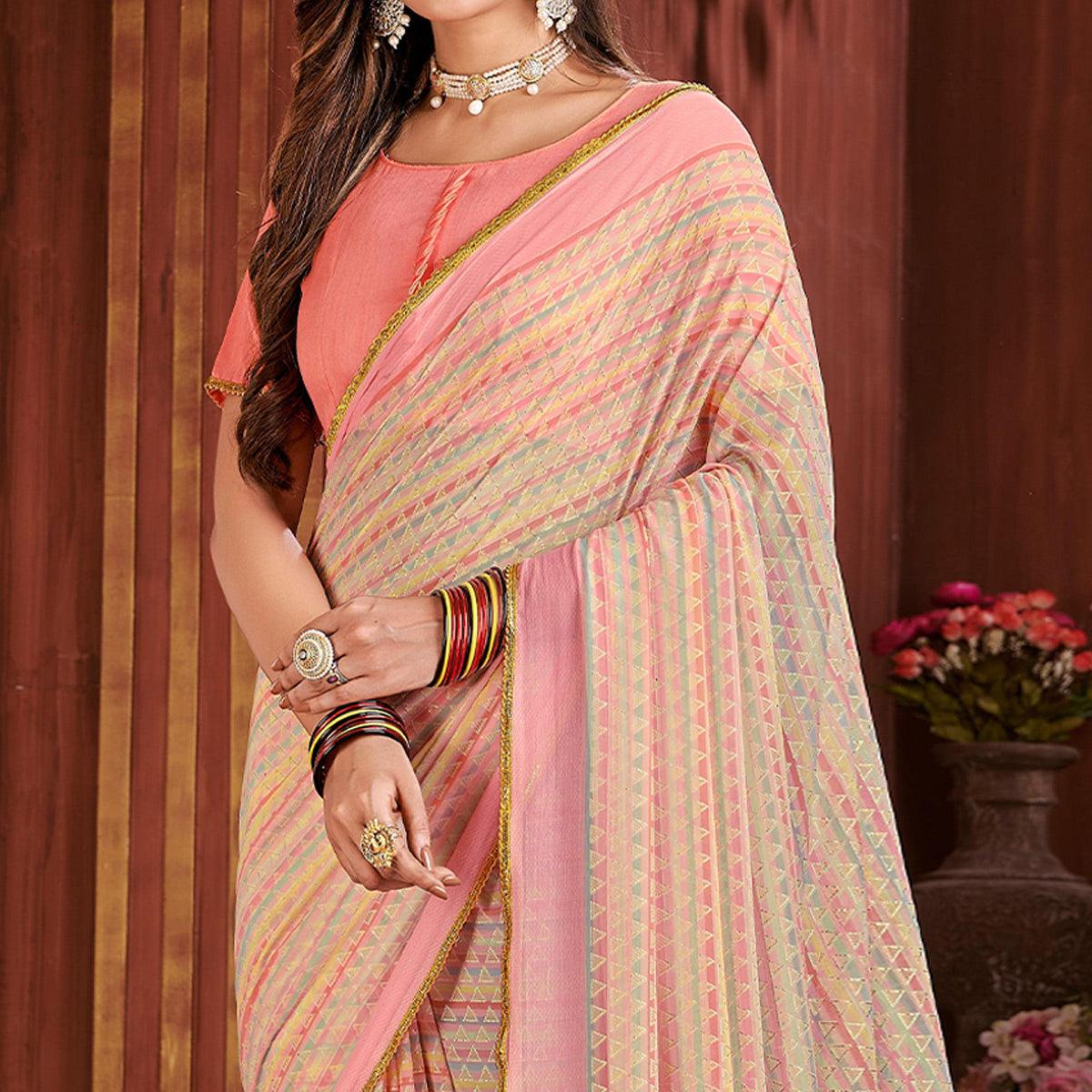 Peach Foil Printed Georgette Saree - Peachmode