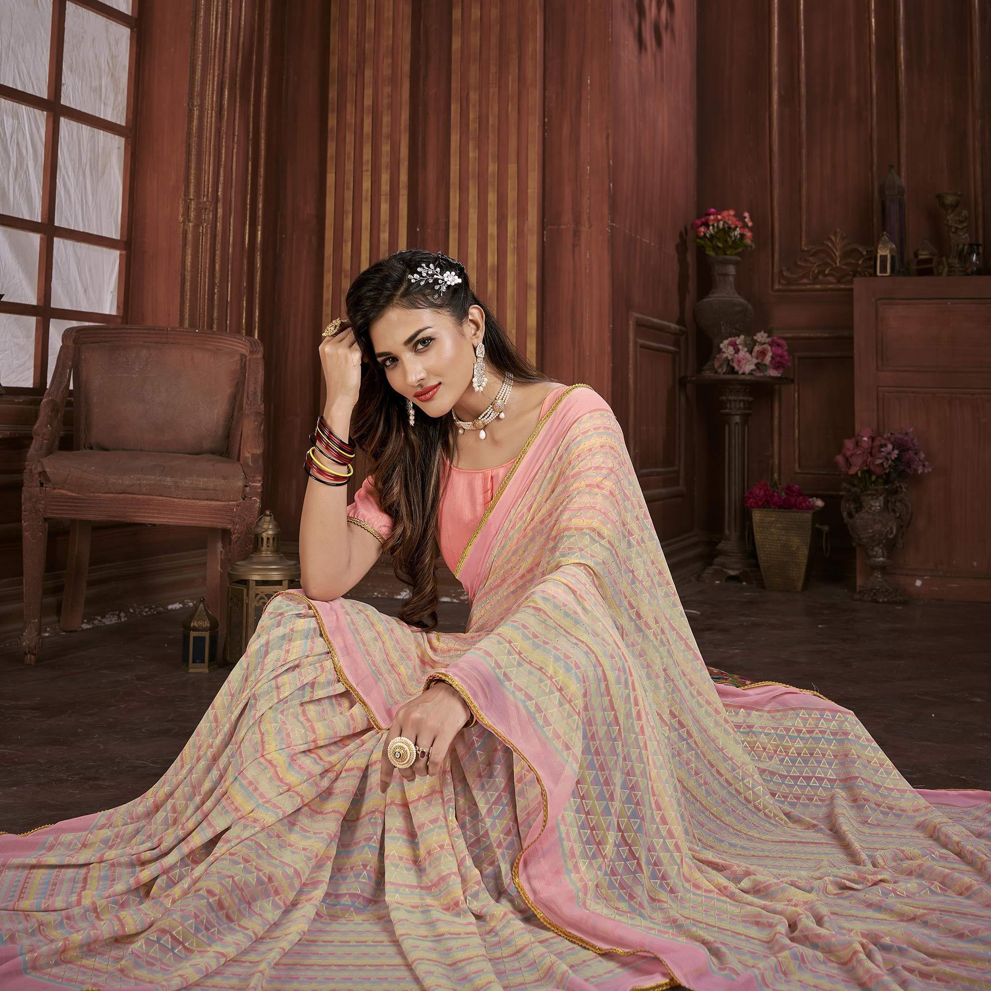 Peach Foil Printed Georgette Saree - Peachmode