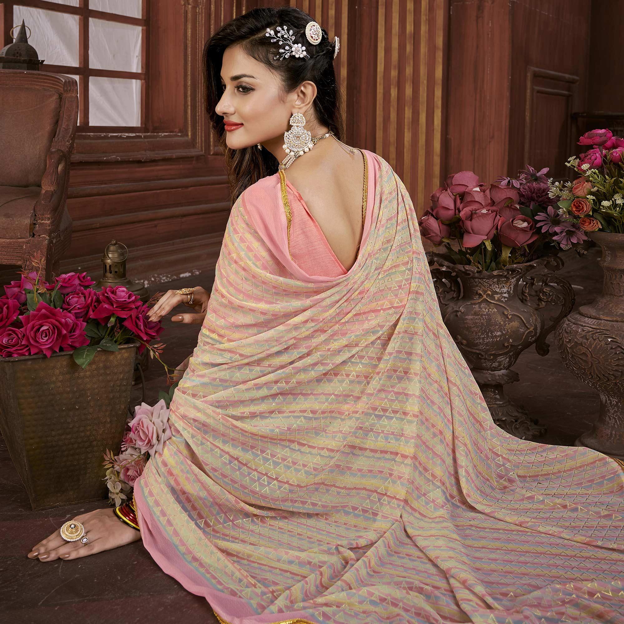 Peach Foil Printed Georgette Saree - Peachmode