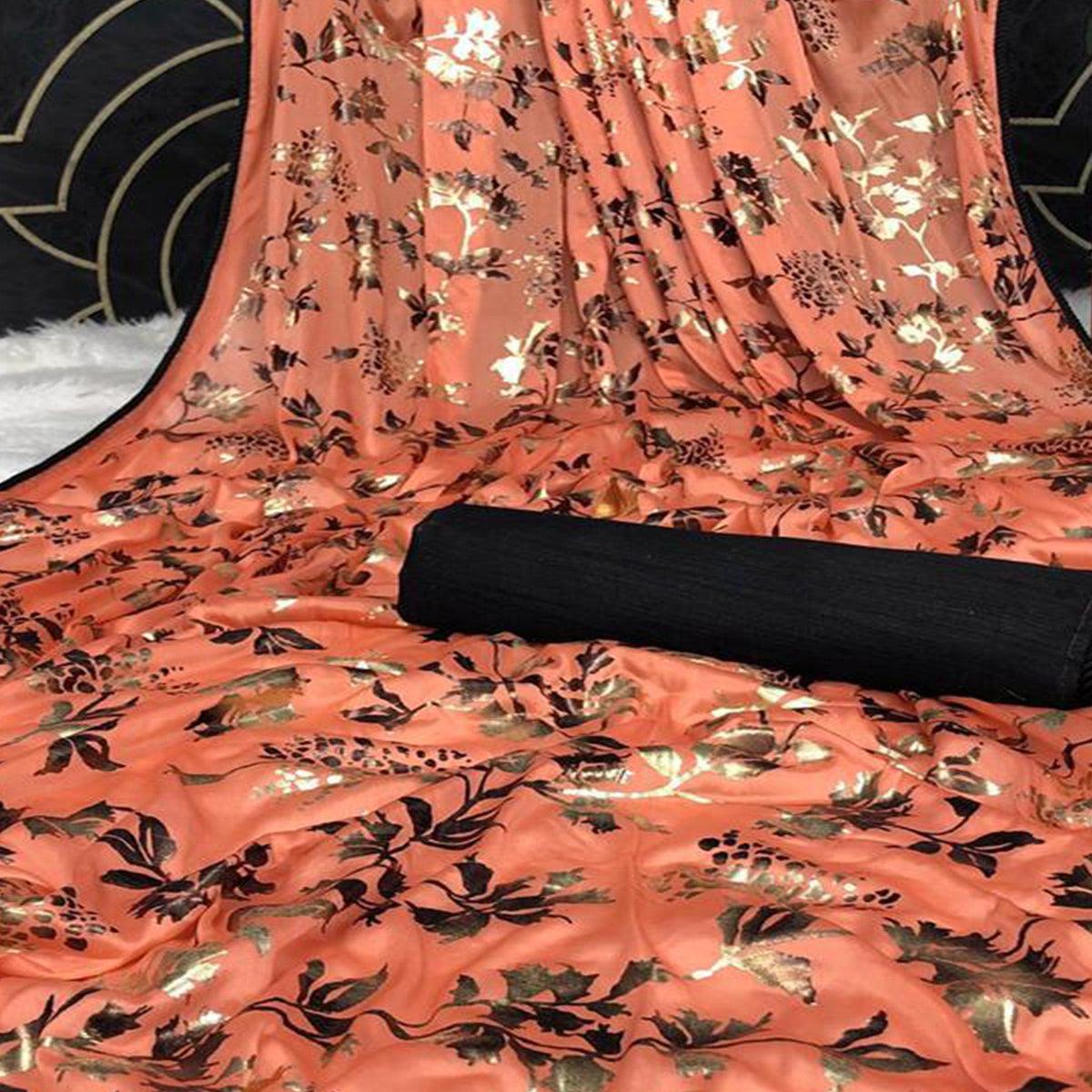 Peach Foil Printed Lycra Saree - Peachmode